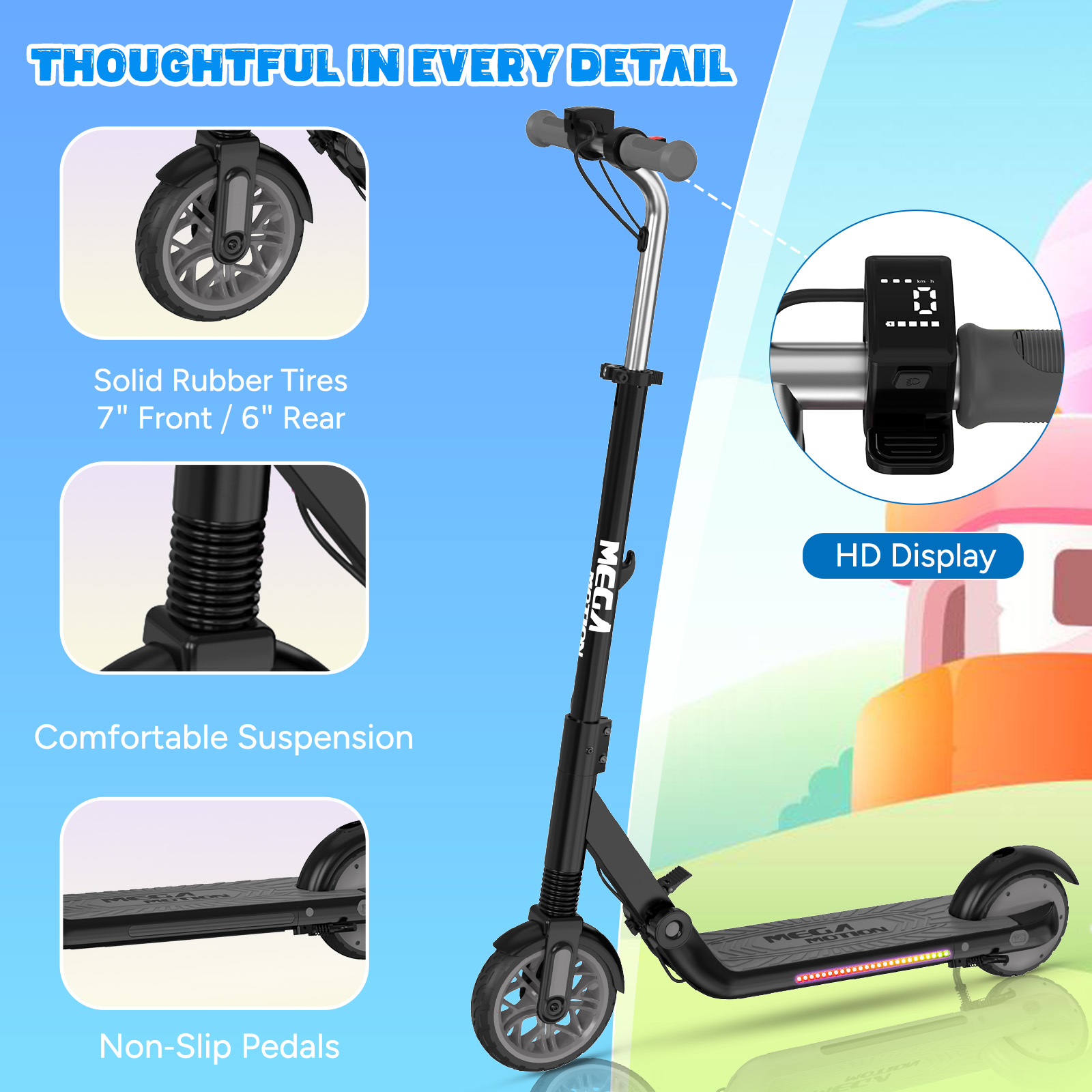 Hulajnoga elektryczna z czarną ramą, szarymi kołami i wyświetlaczem HD. Posiada pełne opony, wygodne zawieszenie i antypoślizgowe pedały.