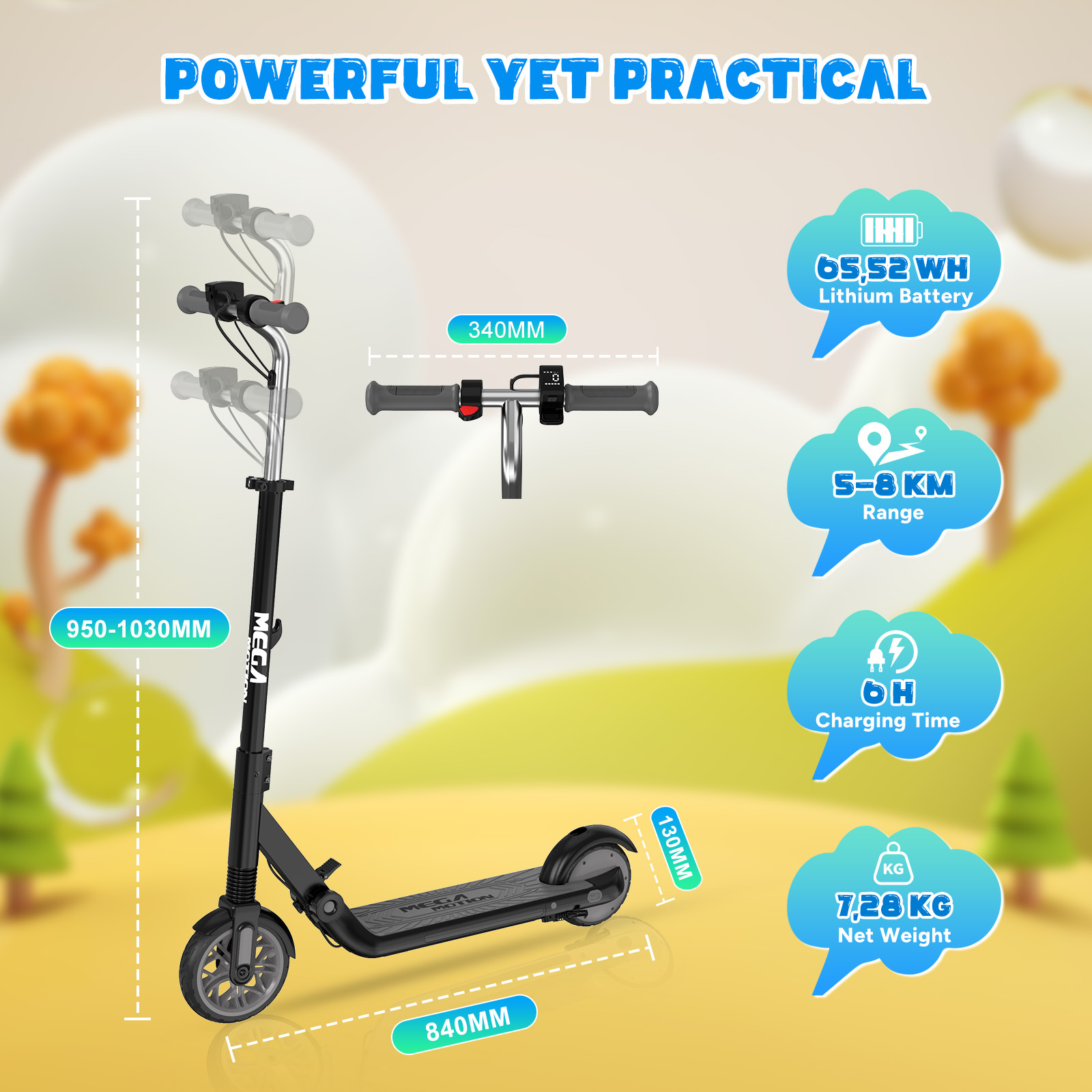 Czarna hulajnoga elektryczna ze specyfikacją: bateria 65,52 Wh, zasięg 5-8 km, ładowanie 6h, waga 7,28 kg. Pokazano wymiary.