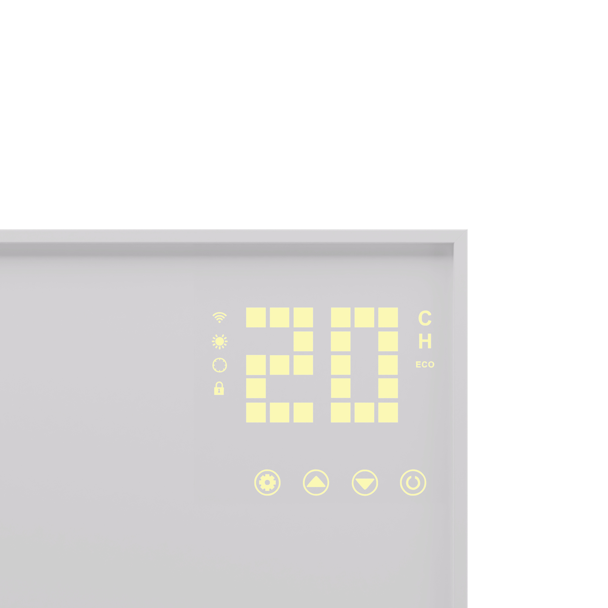 Ein digitales Display zeigt '20'. Es hat Symbole für Einstellungen, hoch, runter und Strom. Das Display ist auf einer grauen Platte.