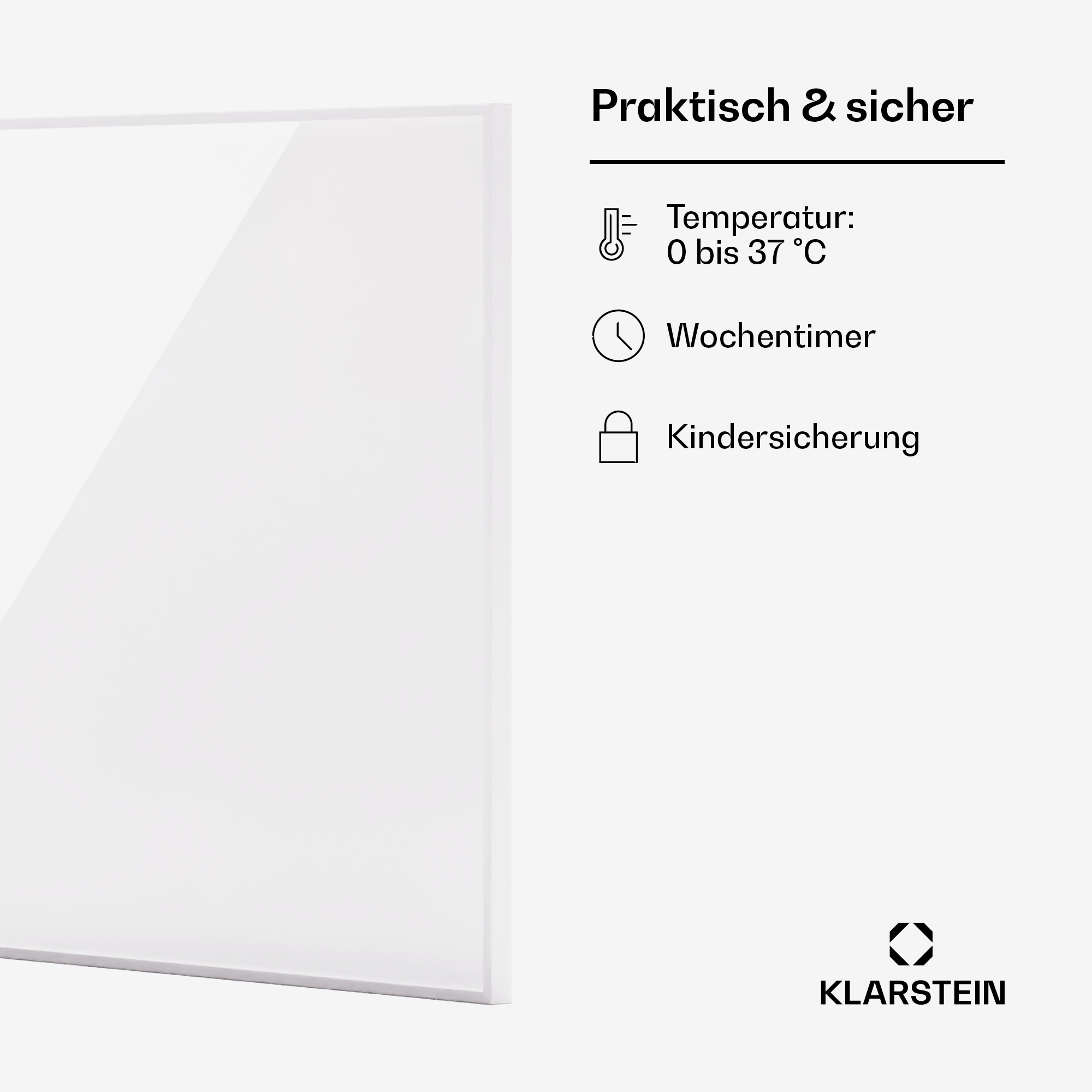 Weißes Panel mit Text, der den Temperaturbereich, den Wochentimer und die Kindersicherungsfunktionen angibt. Die Marke ist Klarstein.