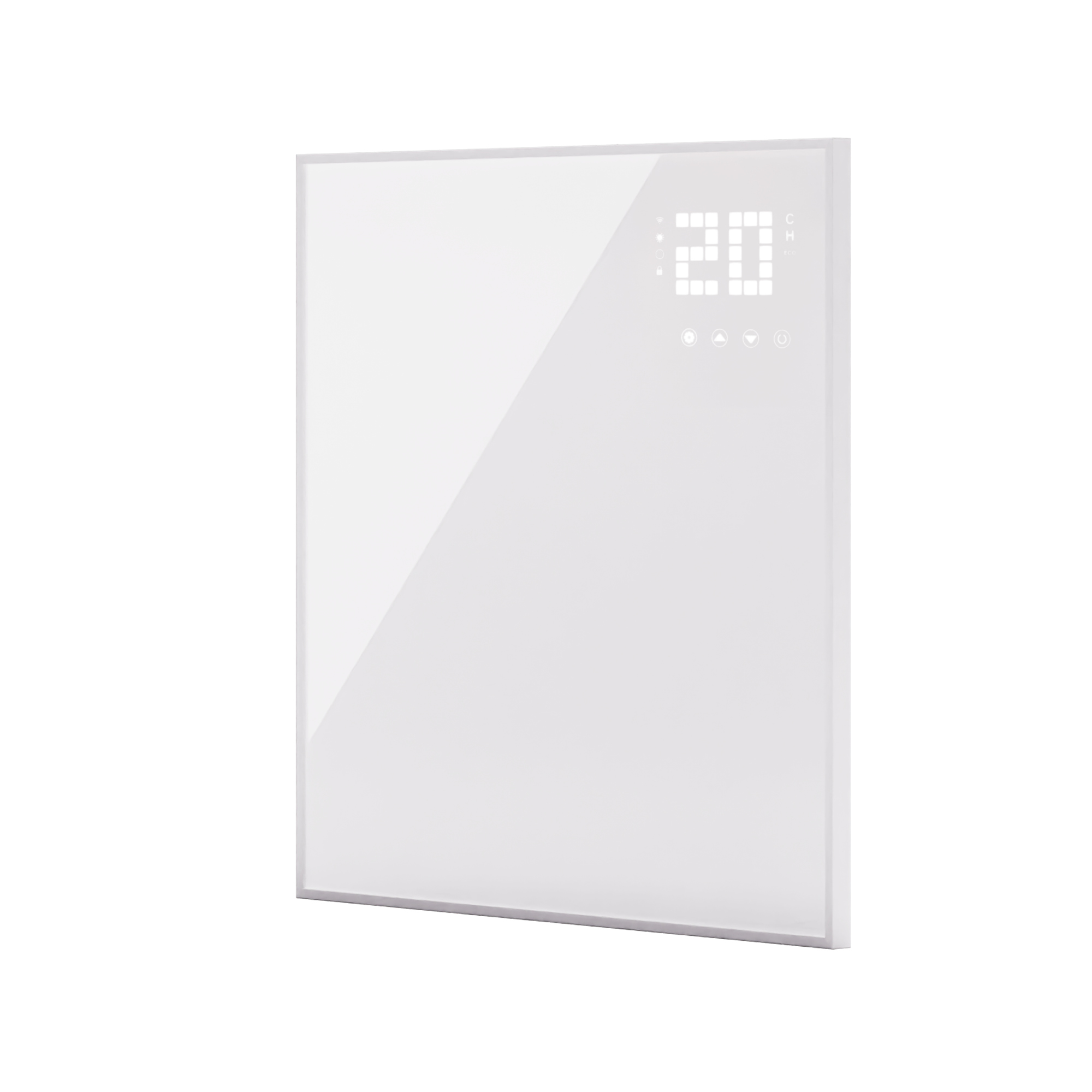 Ein weißer, rechteckiger Elektroheizer mit digitaler Anzeige, die die Zahl 20 zeigt.