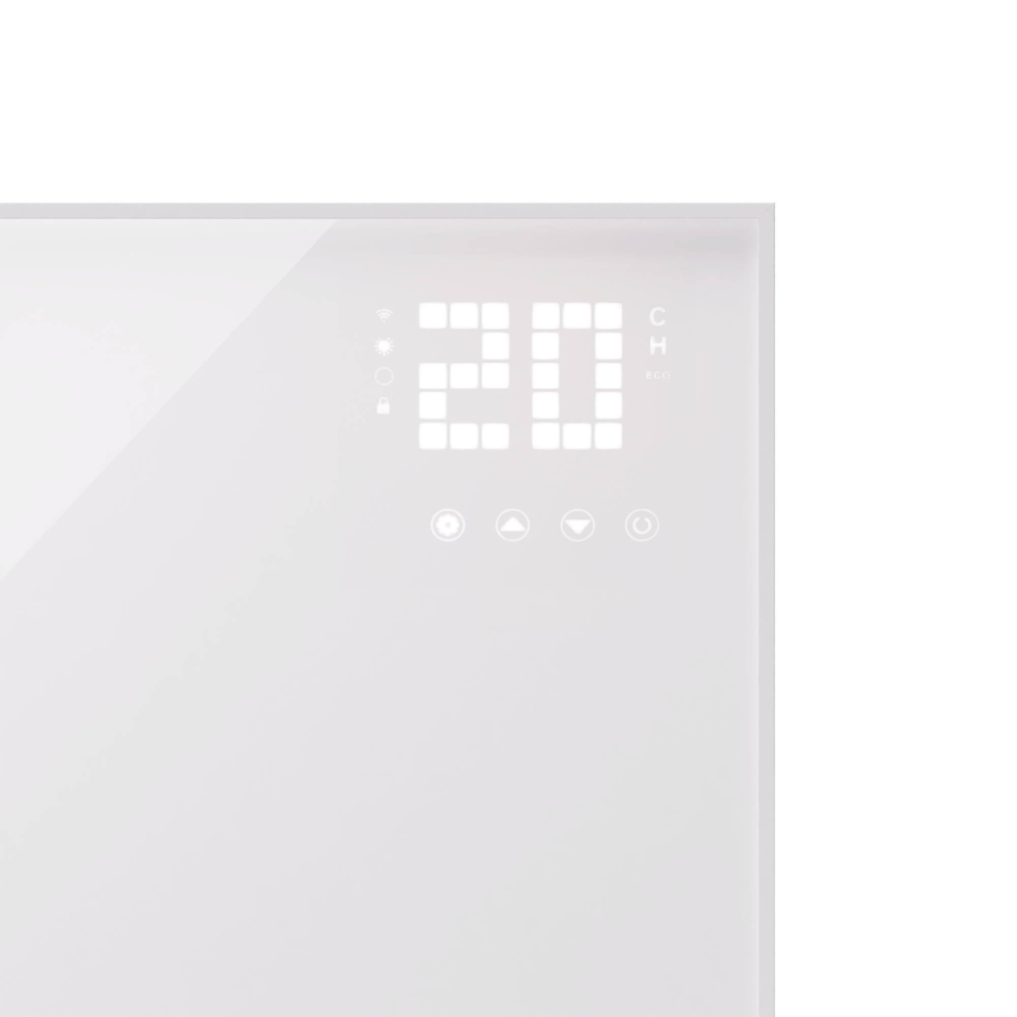 Weißes Digitaldisplay mit der Zahl 20. Es gibt Symbole für WLAN, Sonne und Einstellungen. Tasten sind unten.