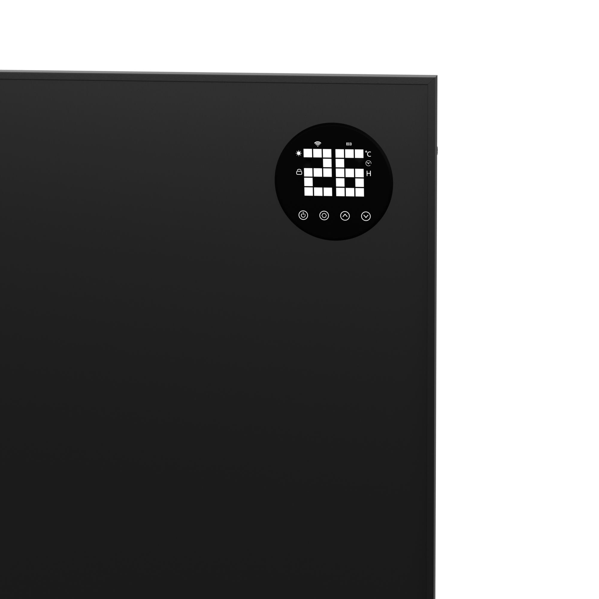 Schwarzes Panel mit Digitalanzeige, die 26°C anzeigt. Symbole: WLAN, Sonne und Pfeile nach oben/unten.