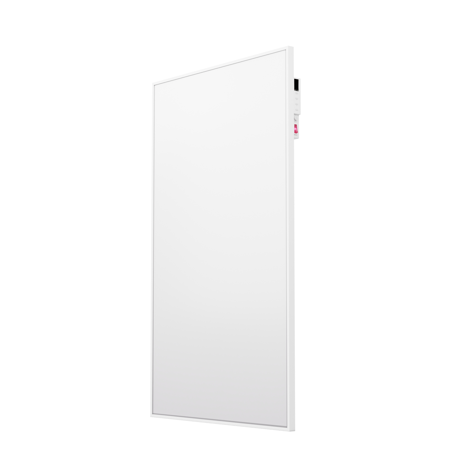 Un calentador eléctrico rectangular blanco. Tiene un panel de control en el lado derecho. El fondo es blanco.