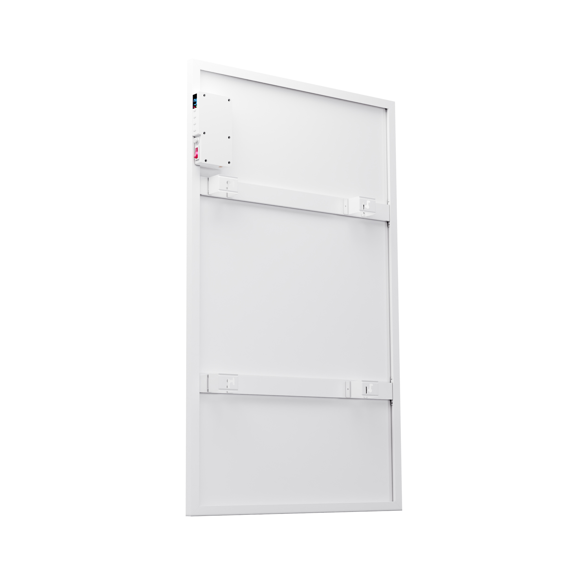 Un panel blanco con una caja blanca más pequeña adjunta, que muestra algunos botones y un interruptor rojo, sobre un fondo blanco.