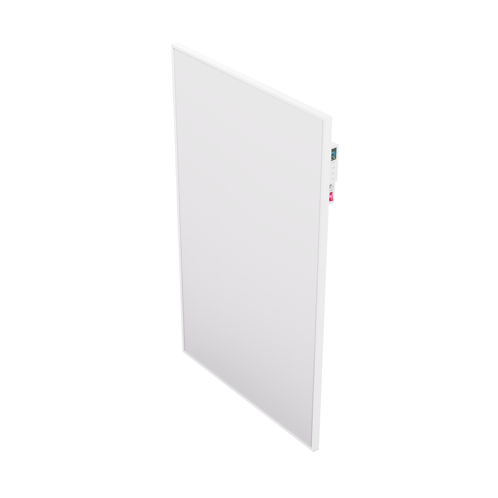Calentador eléctrico blanco sobre fondo blanco. Tiene una pantalla digital y un interruptor rojo.