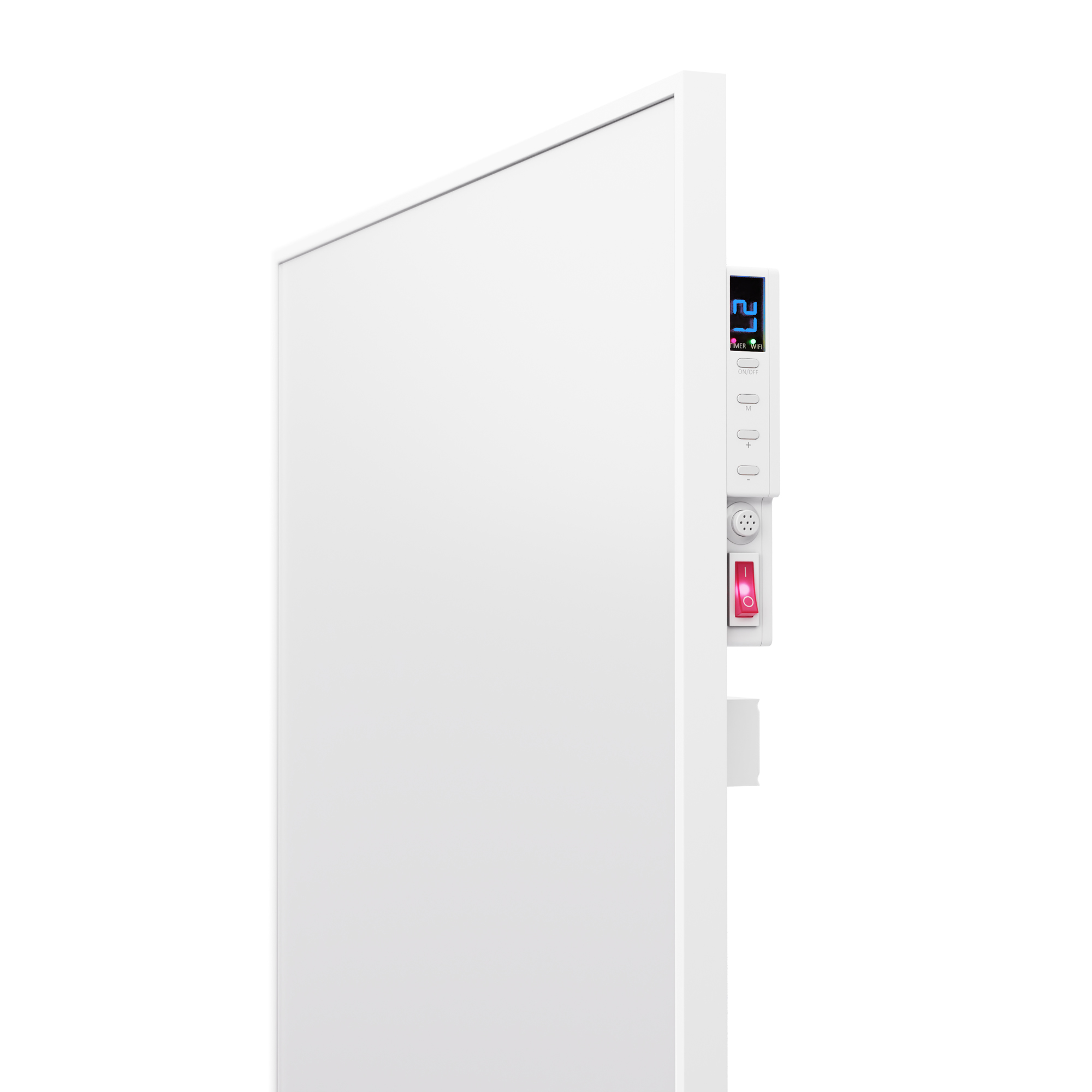 Un panel calefactor blanco. Tiene una pantalla digital y un panel de control lateral. Se ve un interruptor rojo.