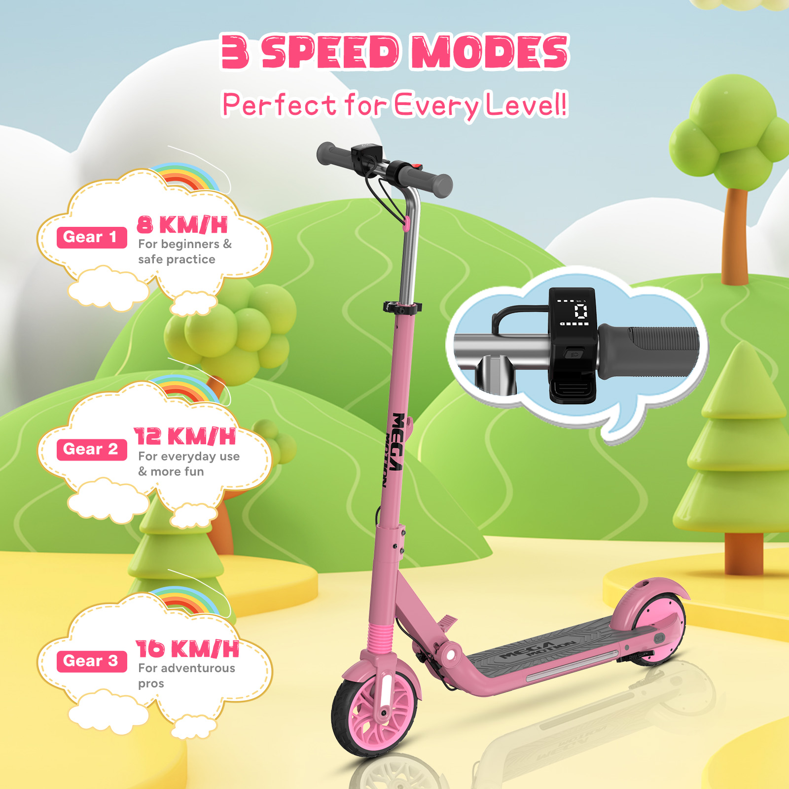 Różowa hulajnoga z trybami prędkości. Chmury wskazują prędkości: 8, 12, 16 km/h. Tło z drzewami i tęczą.