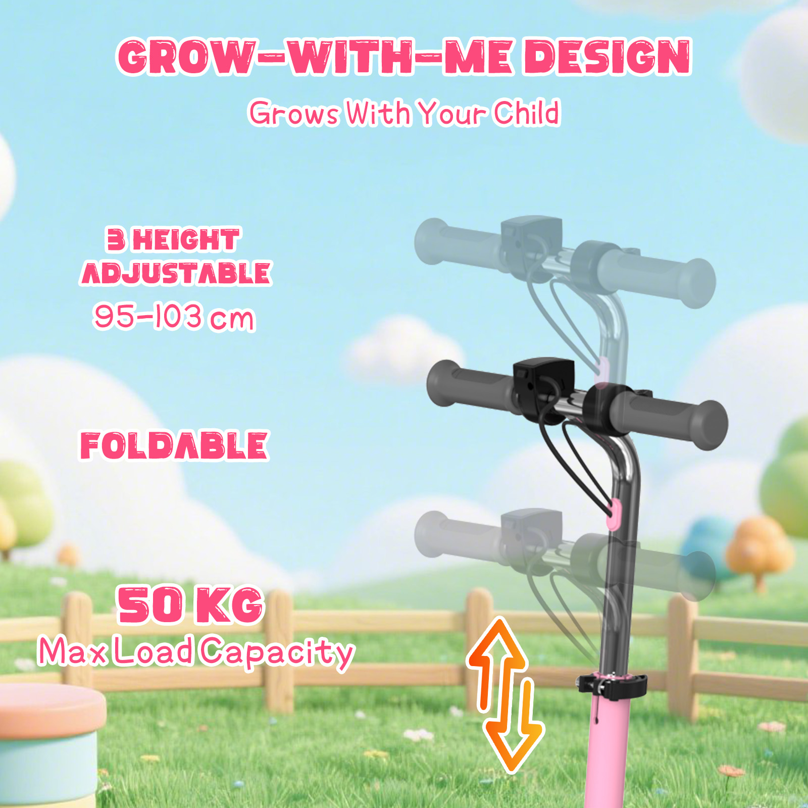 Różowa hulajnoga z regulowaną wysokością i składaną konstrukcją. Tło to kreskówkowy krajobraz i tekst o funkcjach hulajnogi.