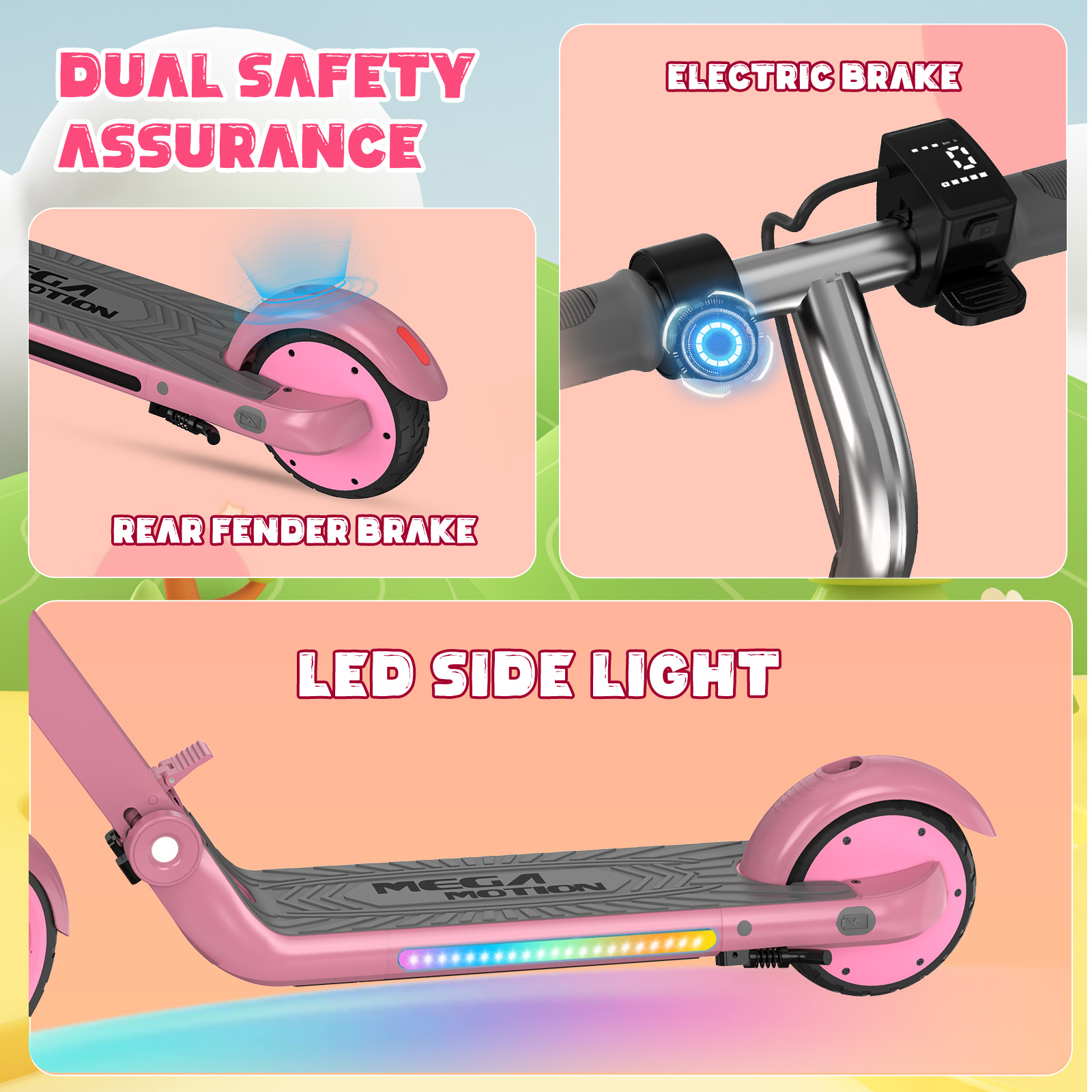 Różowa hulajnoga elektryczna z hamulcem tylnego błotnika, kierownicą z wyświetlaczem i bocznym światłem LED.