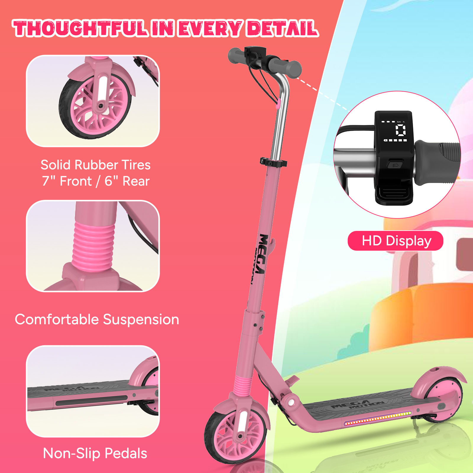 Różowa hulajnoga elektryczna ze szczegółami opon, zawieszenia, pedałów i wyświetlacza HD. Tekst nakładki podkreśla cechy.