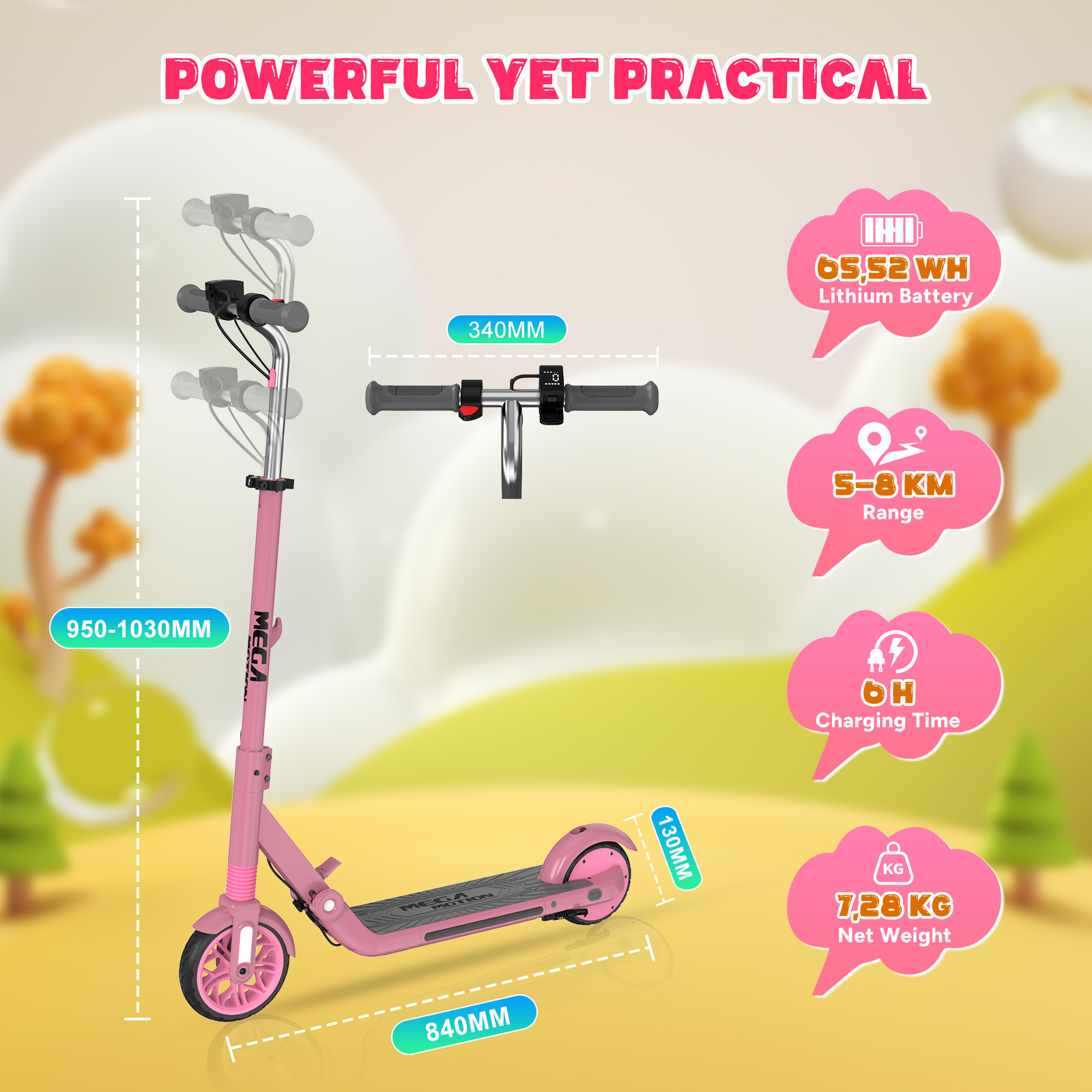 Różowa hulajnoga z wymiarami i specyfikacją baterii. Tekst: Mocny, a zarazem praktyczny.