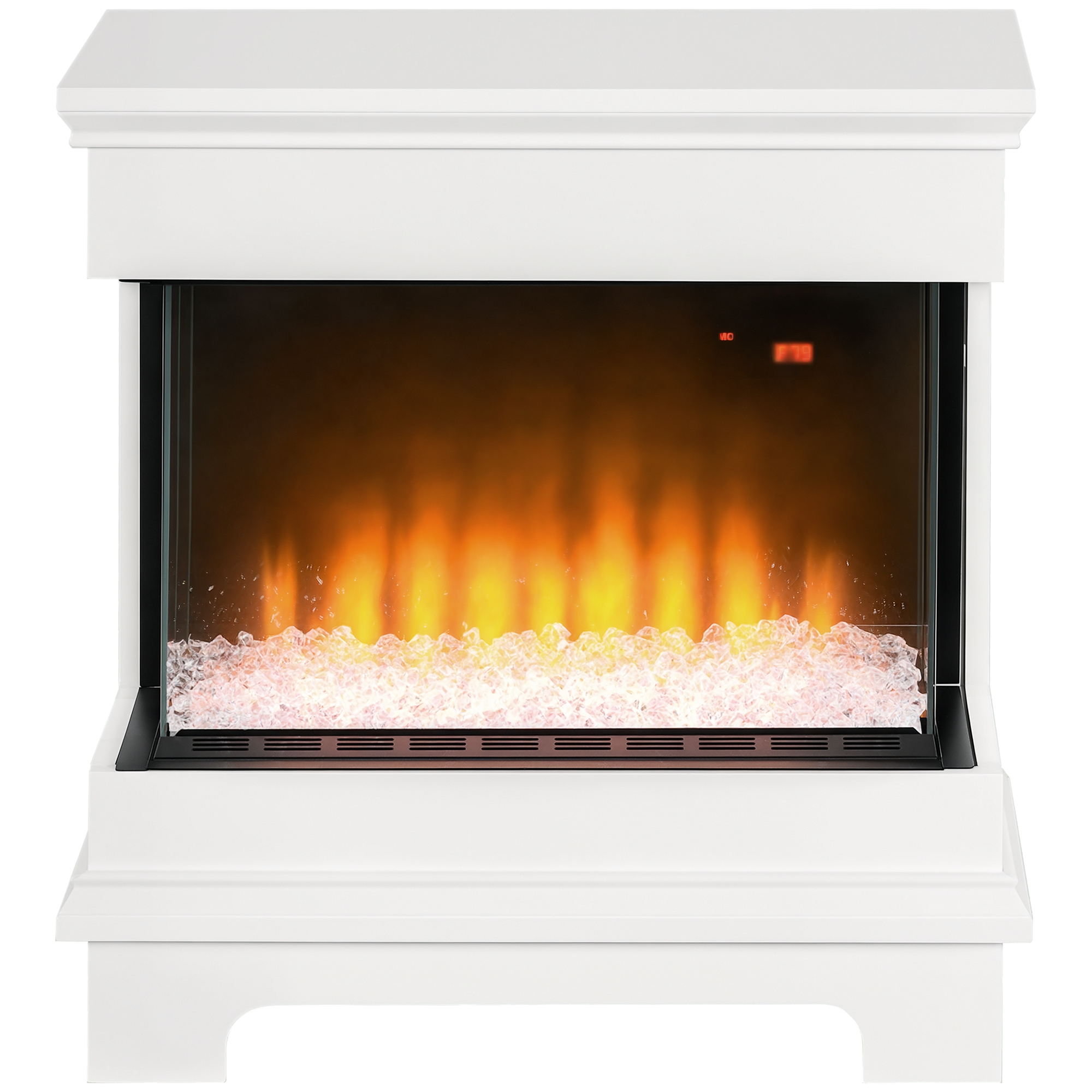 Un caminetto elettrico bianco con frontale in vetro. All'interno, un fuoco simulato con fiamme arancioni e cristalli di ghiaccio.