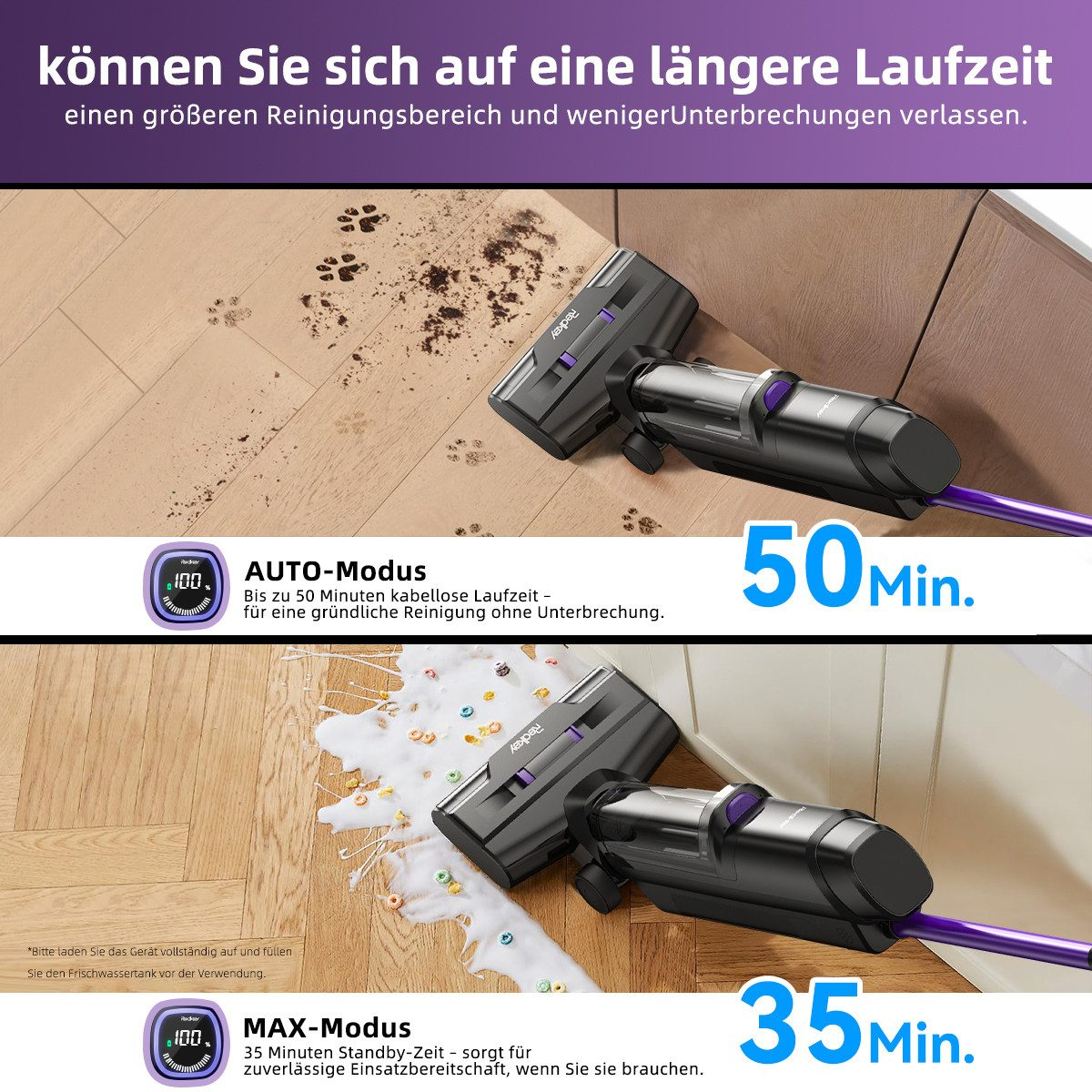 Un aspirapolvere con due modalità, Auto e Max, con tempi di autonomia di 50 e 35 minuti, che pulisce un pavimento in legno.