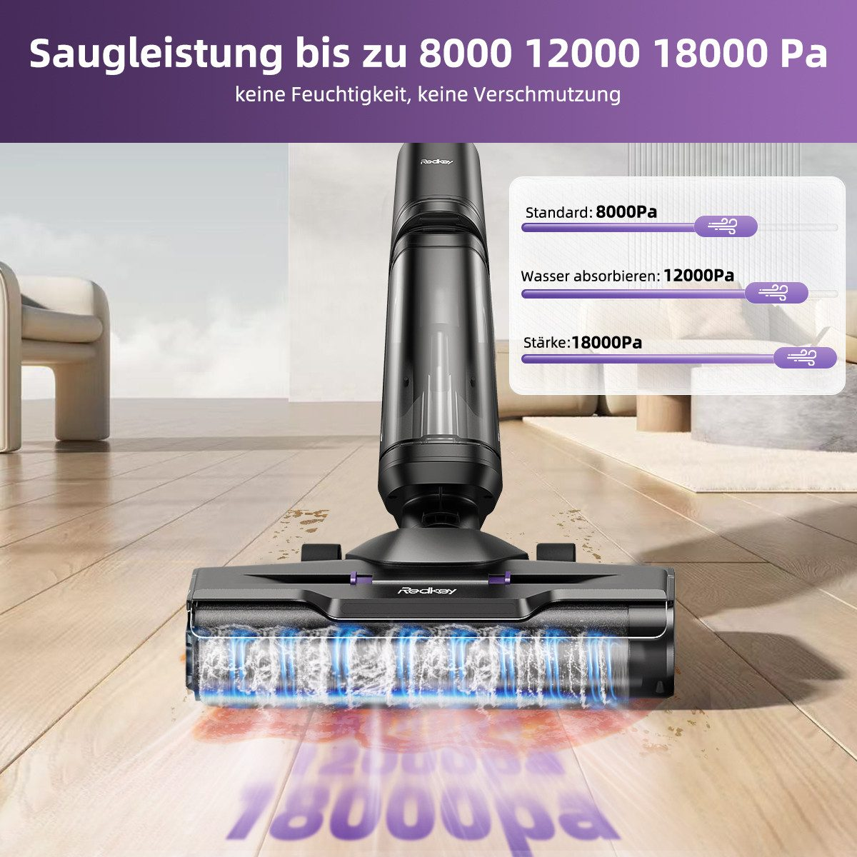 Un aspirapolvere nero pulisce un pavimento in legno. Il pulitore ha tre impostazioni di potenza. Sul pavimento ci sono i numeri 12000 e 18000.