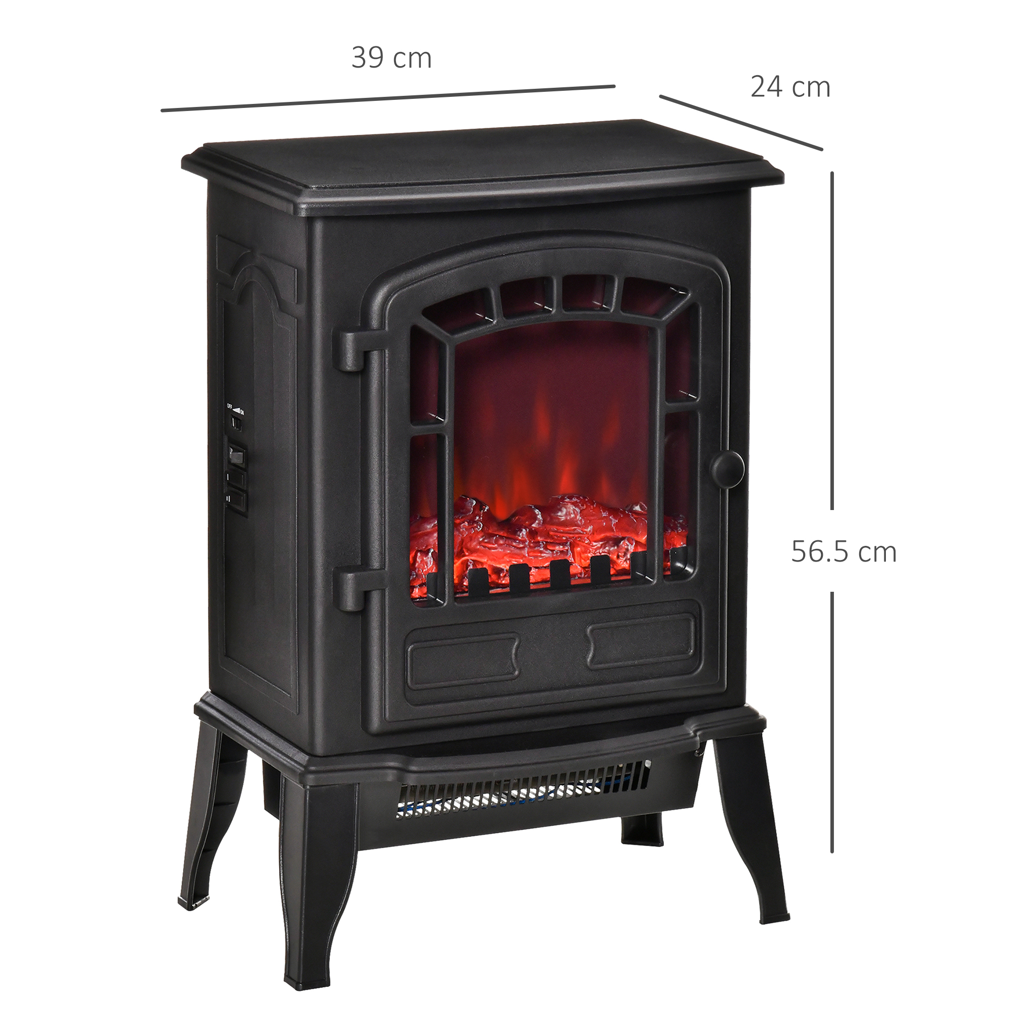 Caminetto elettrico nero con fiamme finte. Ha una forma rettangolare e misura 39x24x56,5 cm.