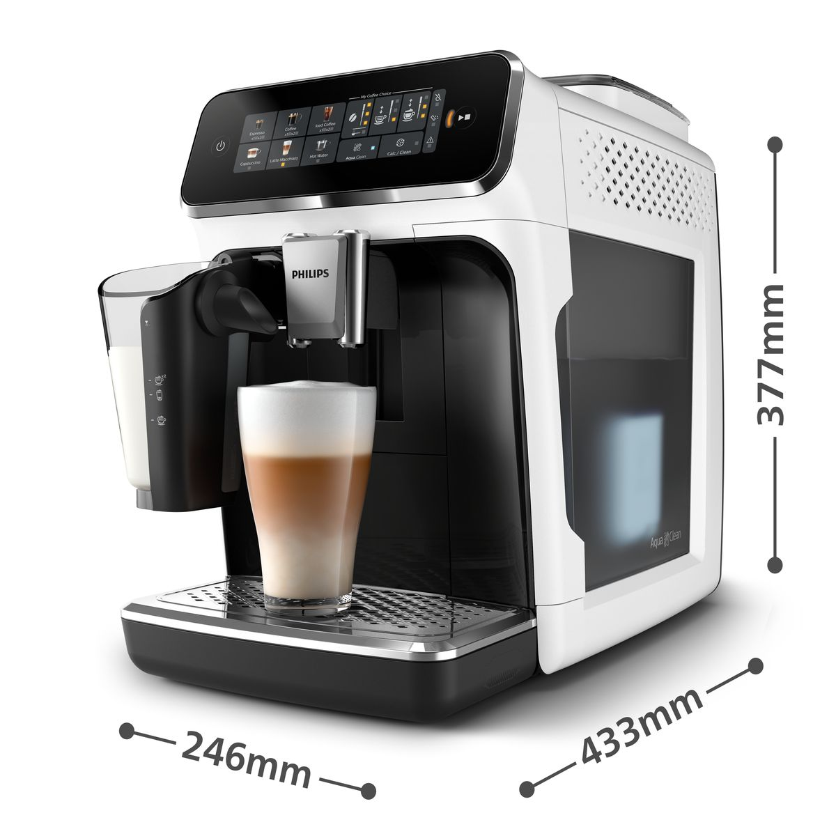 Eine weiß-schwarze Philips Espressomaschine mit einem Glas geschichtetem Latte Macchiato. Abmessungen: 246mm, 433mm, 377mm.