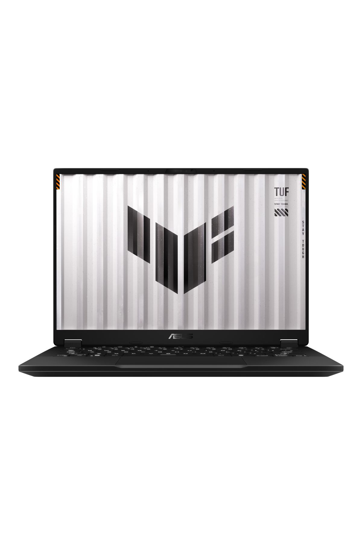 Gri ve siyah bir logo gösteren bir ekrana sahip siyah bir ASUS dizüstü bilgisayar. Ekranda ayrıca 'TUF' ve 'STAY TOUGH' kelimeleri de var.