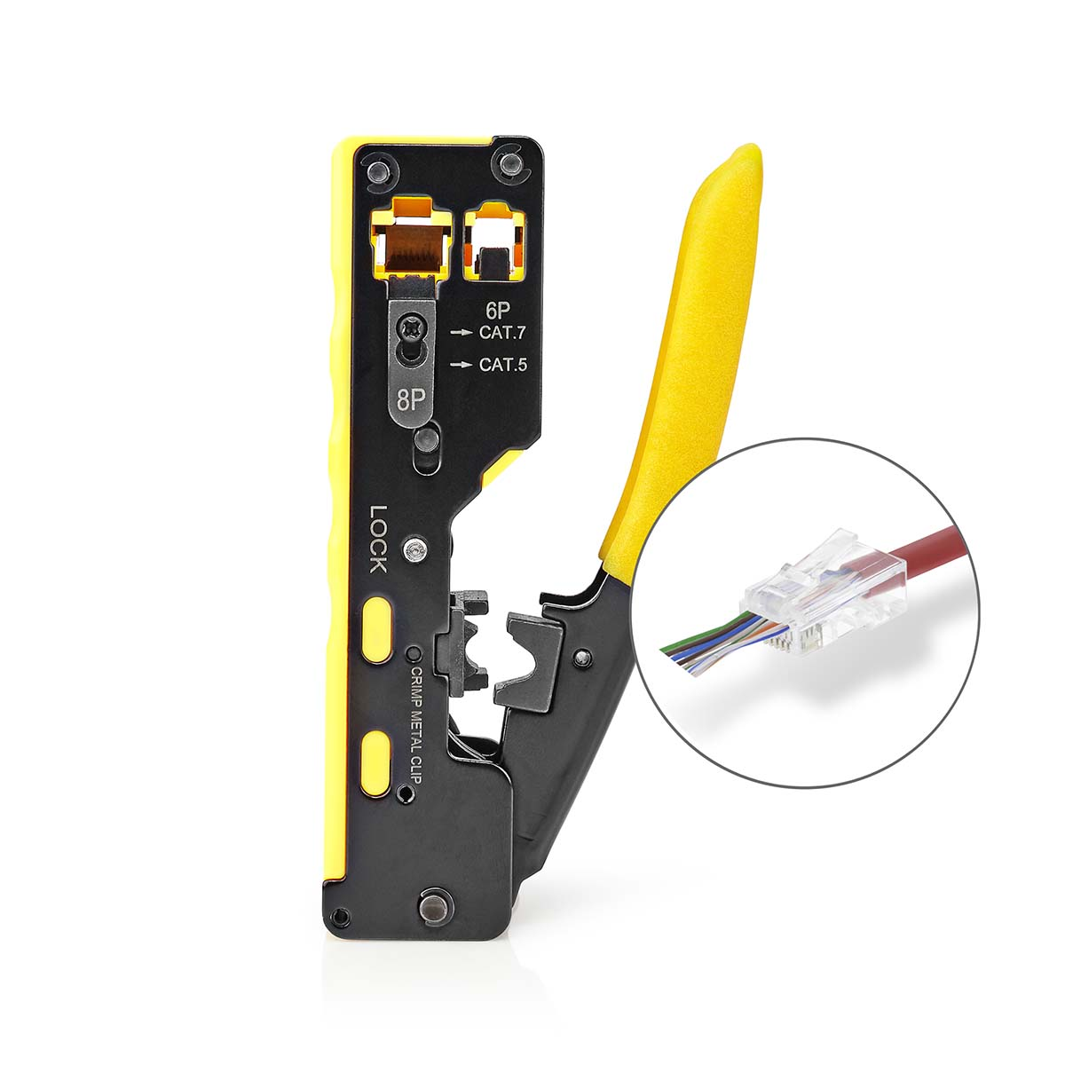 A yellow and black crimping tool with a red network cable and connector in a circle on white background.