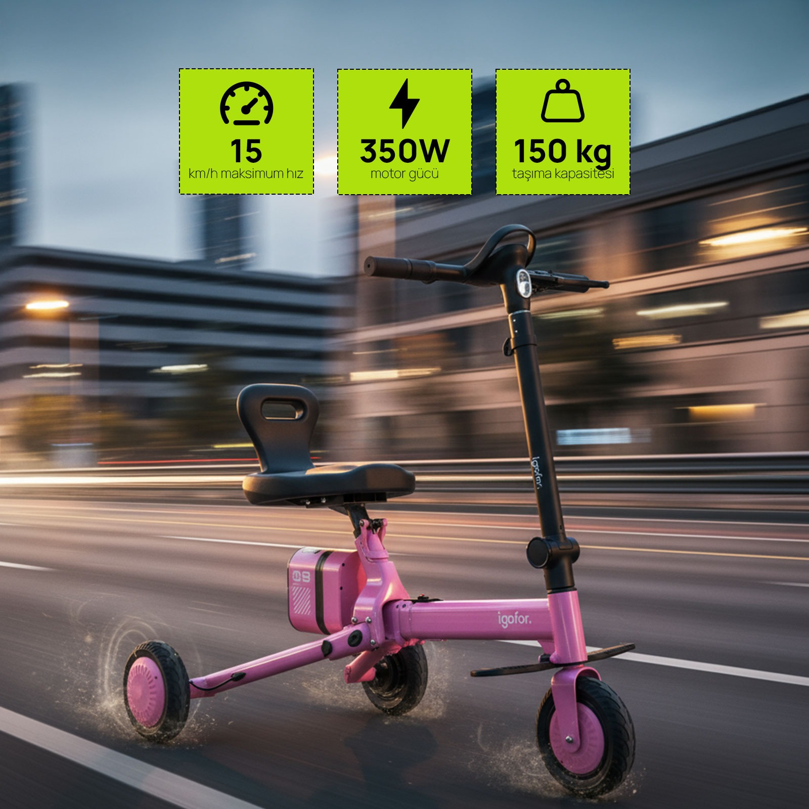 Siyah sele ve gidona sahip pembe elektrikli scooter, bulanık bir yolda hızlı sürüş, hız ve kapasite detaylarıyla.