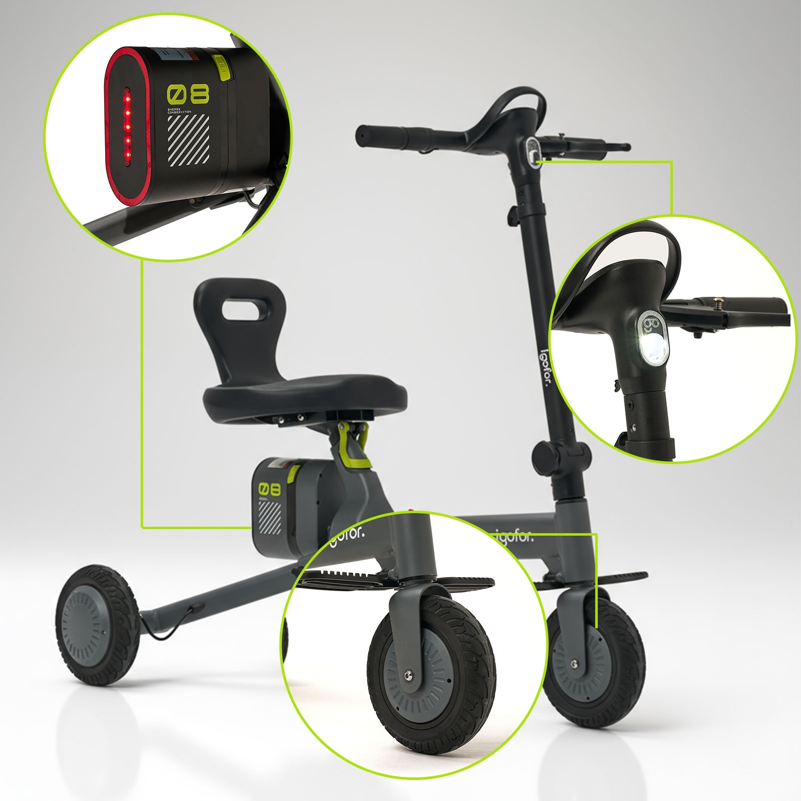 Koltuklu, üç tekerlekli ve pilli gri ve siyah bir scooter. Detaylar dairesel çerçevelerde.