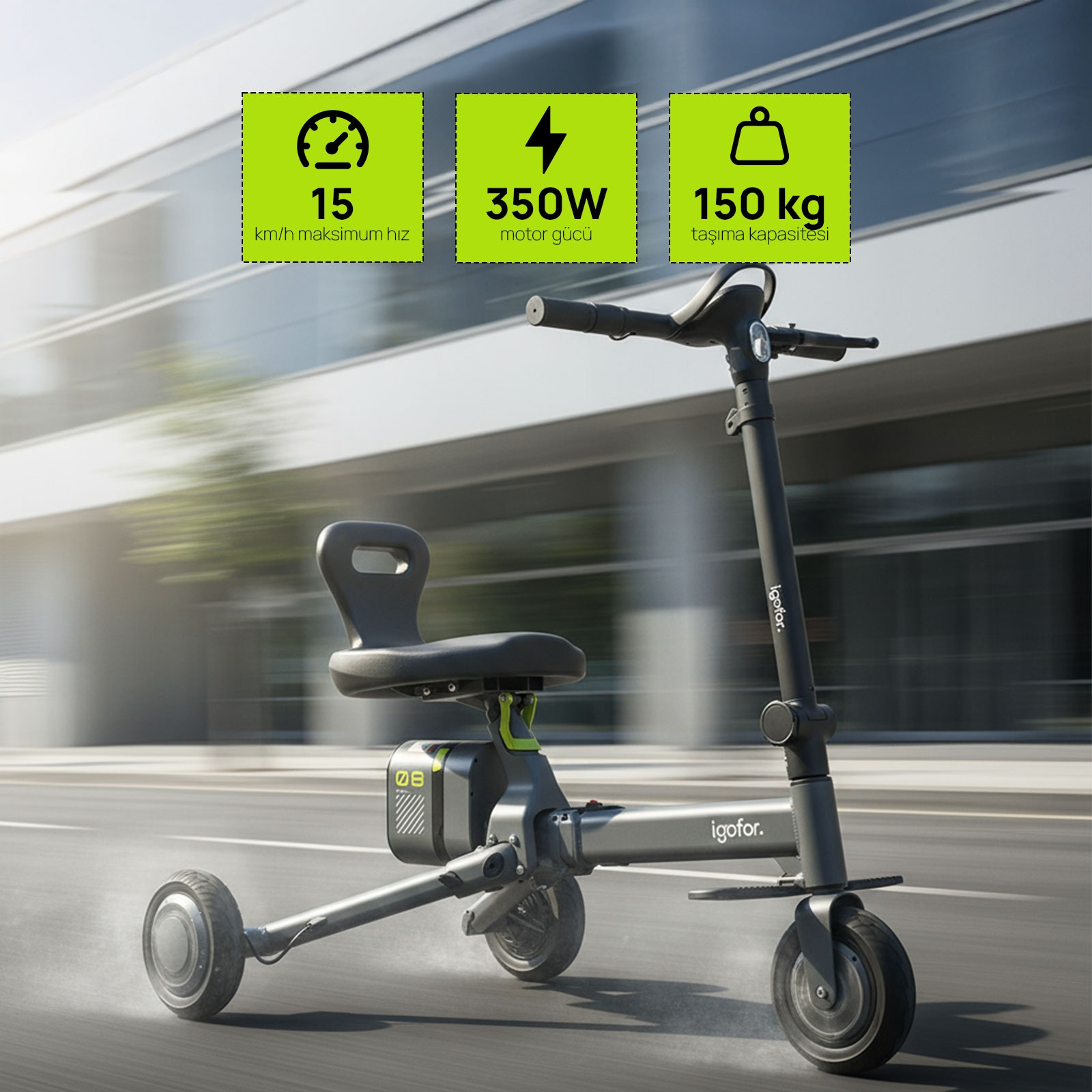 Gri renkli, oturma yerli elektrikli scooter. Bilgiler: 15 km/s hız, 350W motor, 150 kg taşıma kapasitesi.