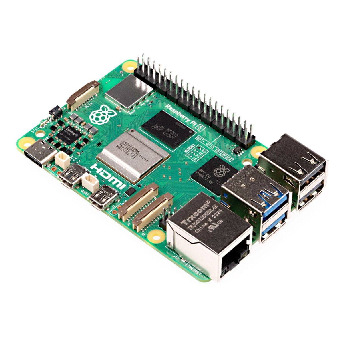 Eine grüne Raspberry Pi 5-Leiterplatte mit verschiedenen Anschlüssen und Chips. Sie hat einen Anschluss für Peripheriegeräte und ein Raspberry Pi-Logo.