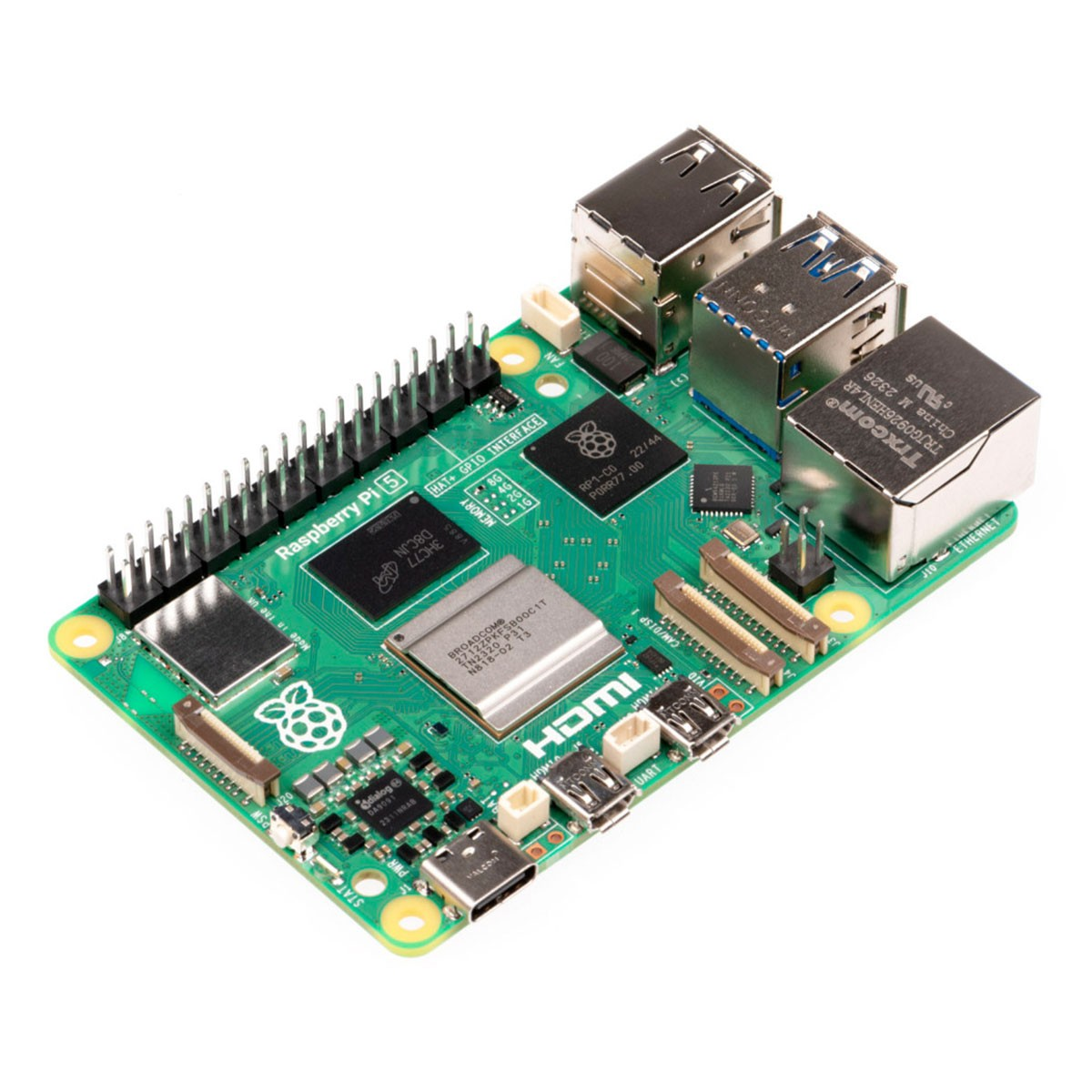 Eine grüne Raspberry Pi 5-Leiterplatte mit verschiedenen Anschlüssen, Chips und Steckern, einschließlich USB und HDMI.