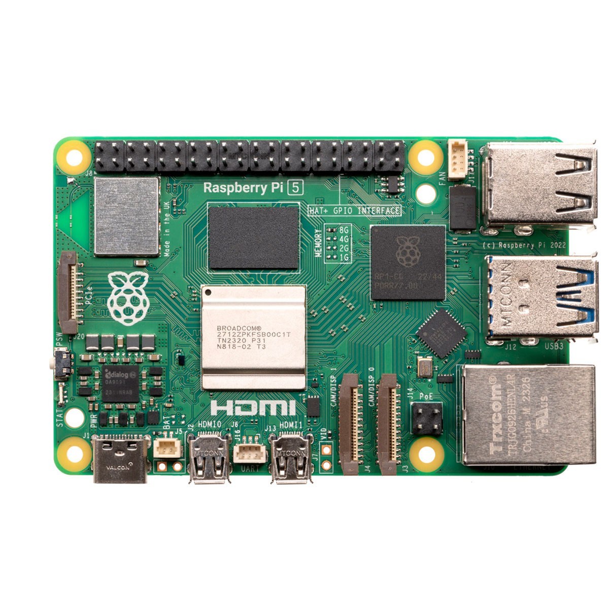 Ein grünes Raspberry Pi 5-Board mit verschiedenen Chips, Anschlüssen und Steckern. Es hat Aufschriften 'Raspberry Pi' und 'HDMI'.