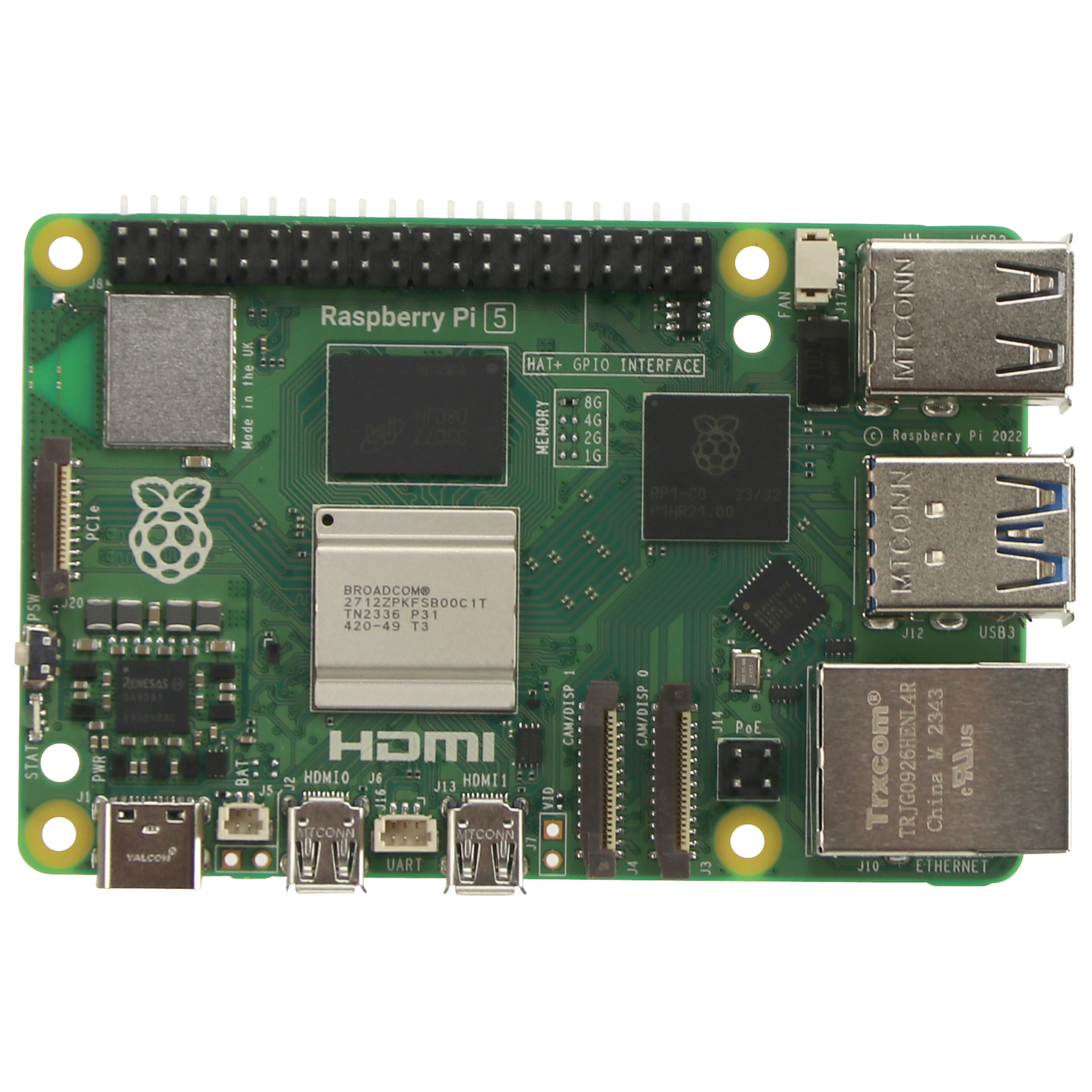 Eine grüne Raspberry Pi 5-Leiterplatte mit verschiedenen Chips, Anschlüssen und Steckern. Text enthält 'HDMI' und 'Ethernet'.