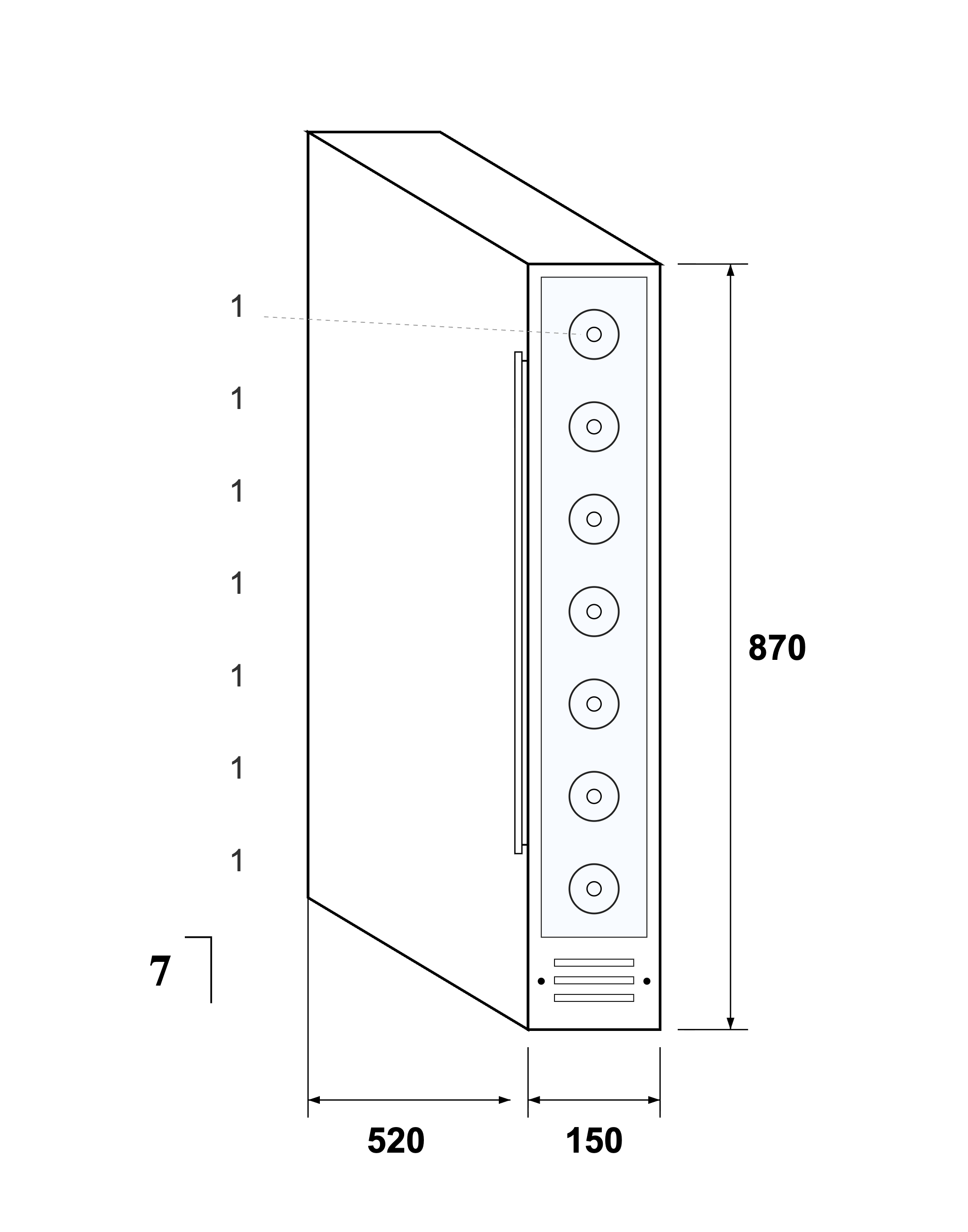 Un disegno schematico di un mobile alto e sottile con componenti altoparlanti e dimensioni in mm.