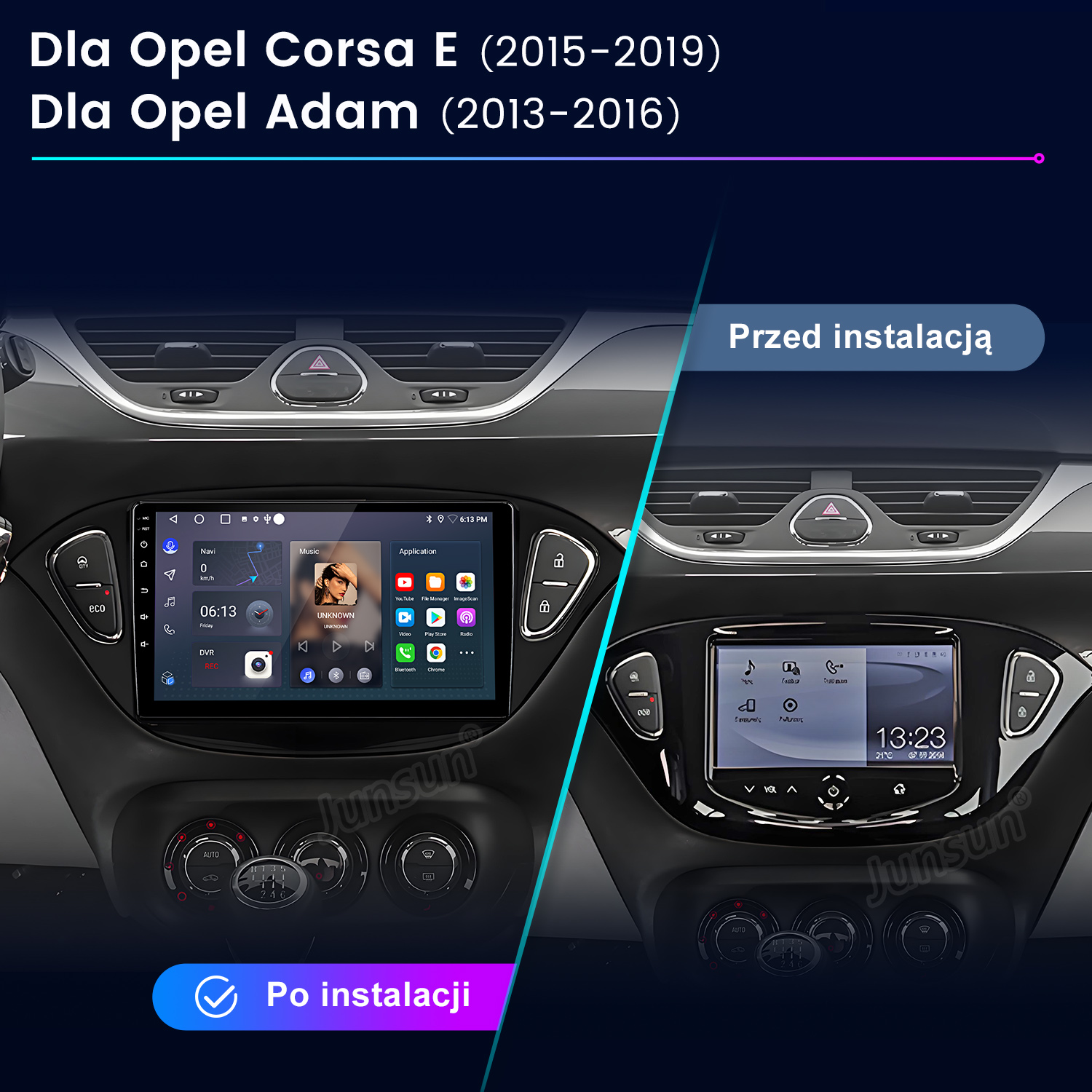 Porównanie deski rozdzielczej samochodu: przed i po zainstalowaniu nowego systemu multimedialnego. Nowy system wyświetla nawigację i muzykę.