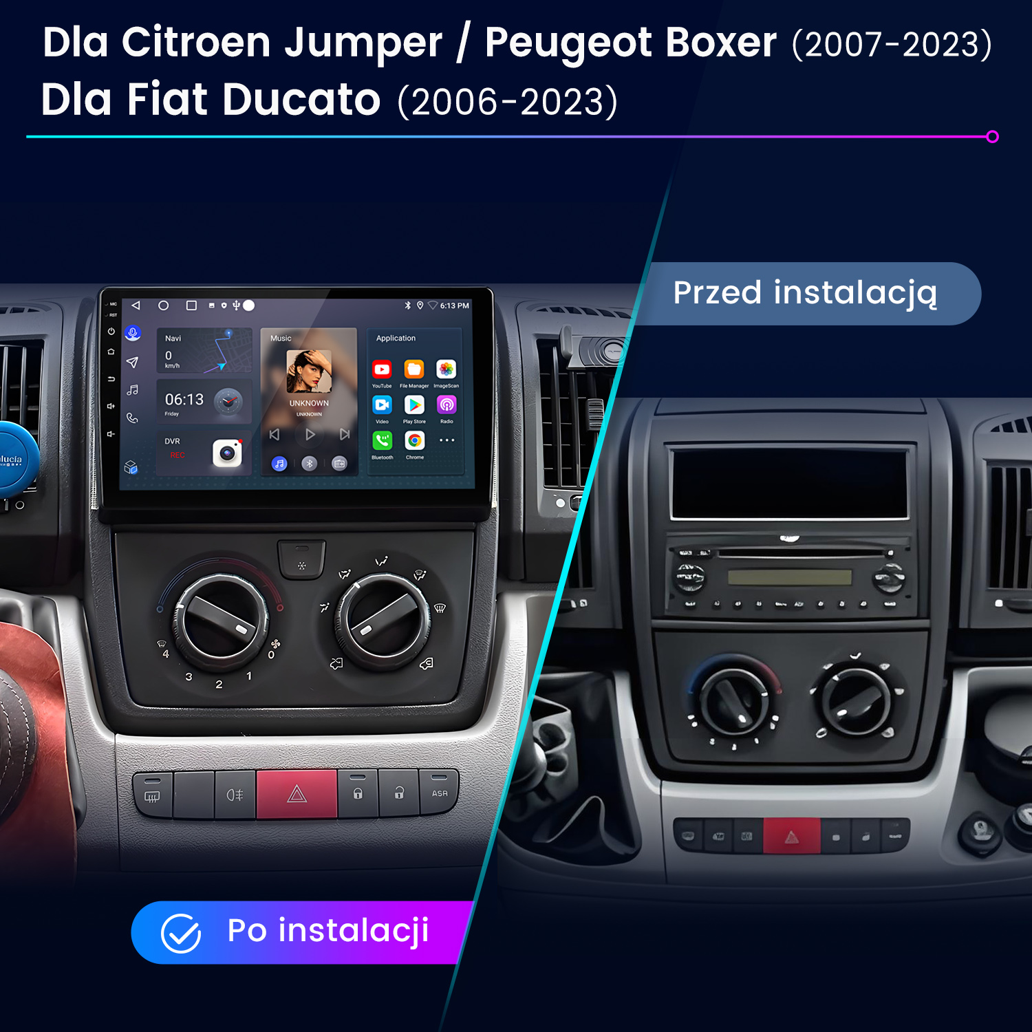 Porównanie deski rozdzielczej samochodu przed i po zainstalowaniu nowego systemu multimedialnego. Pokazuje stare radio i nowy ekran.