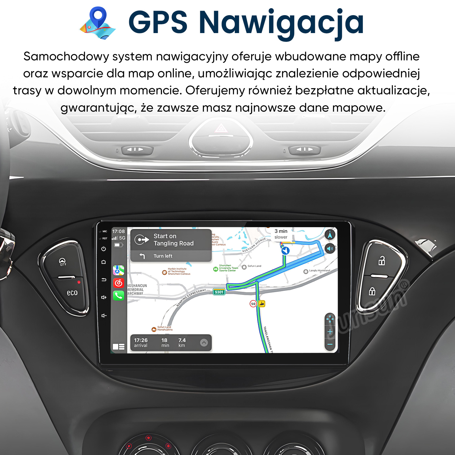 System nawigacji samochodowej z mapą na ekranie pokazującą wskazówki dojazdu. Tekst powyżej brzmi Nawigacja GPS.