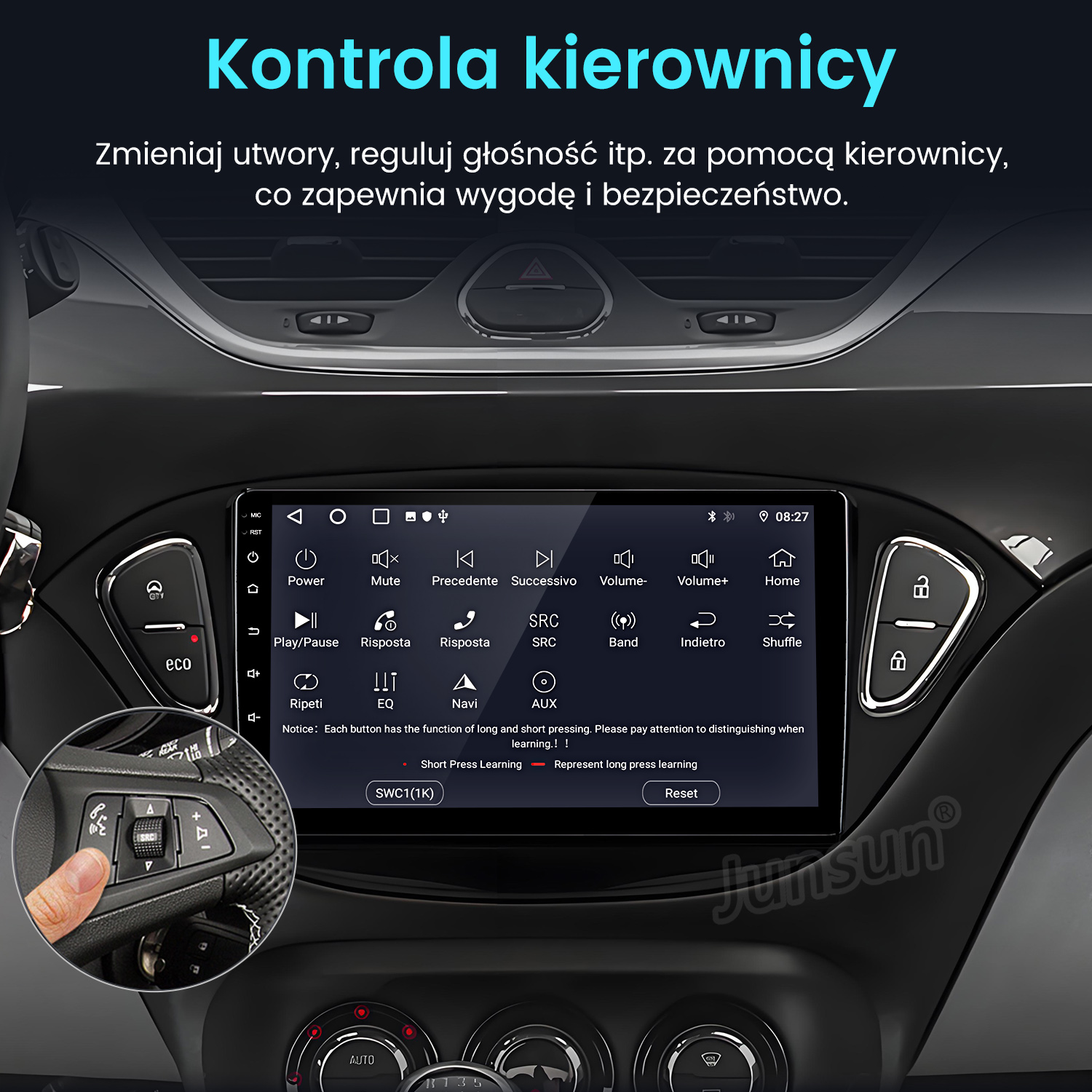 Panel samochodu z ekranem, przyciskami, kierownicą z elementami sterującymi i ręką naciskającą przycisk.