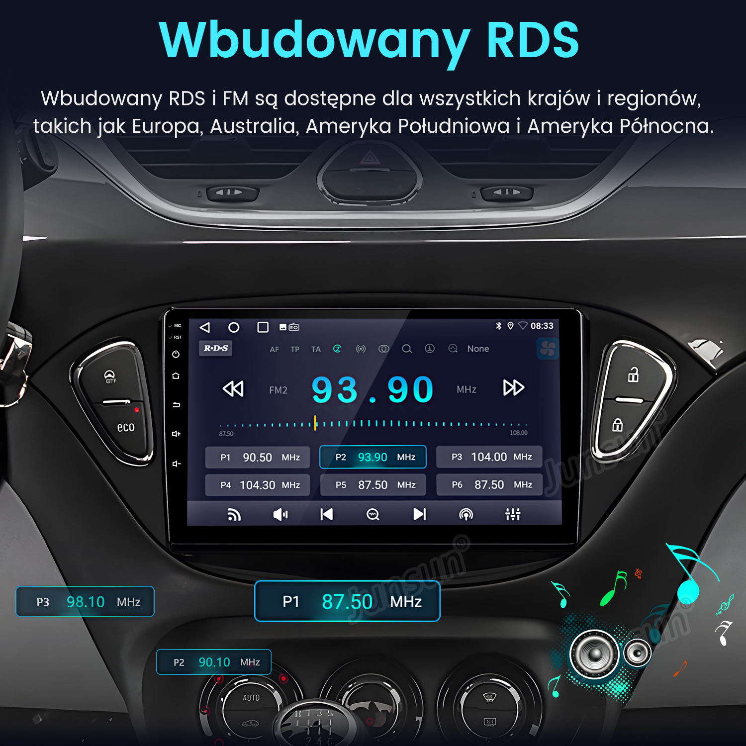 Ekran radia samochodowego wyświetlający częstotliwość FM. Tekst to 'Wbudowany RDS'. Pokazuje przyciski i zegar cyfrowy.