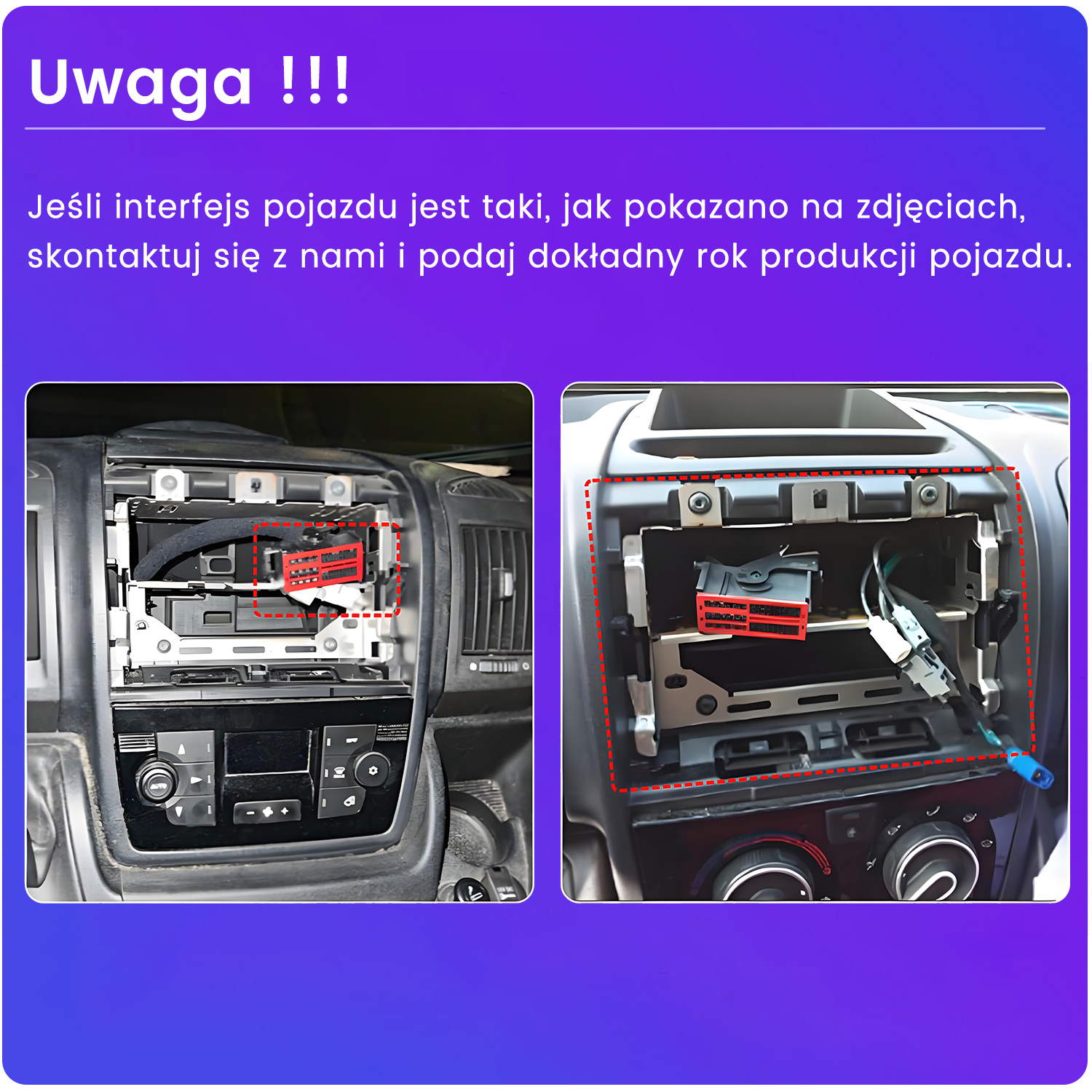 Dwie deski rozdzielcze w samochodzie. Po lewej stronie czerwone złącze w prostokątnym pudełku. Po prawej podobne czerwone złącze. Tekst po polsku.