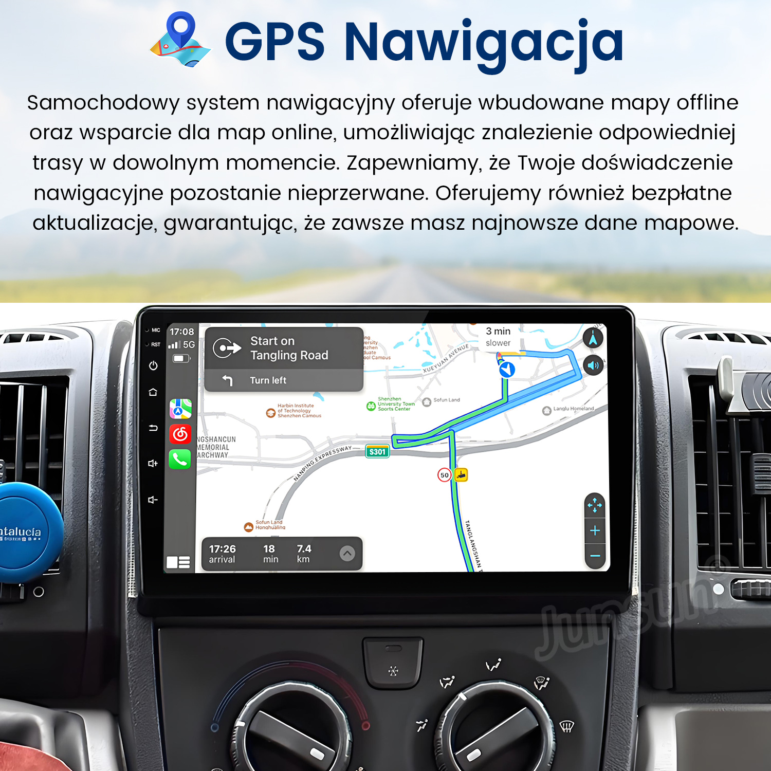 System nawigacji samochodowej z mapą na ekranie. Wyświetla trasę, czas i dystans. Wnętrze samochodu.