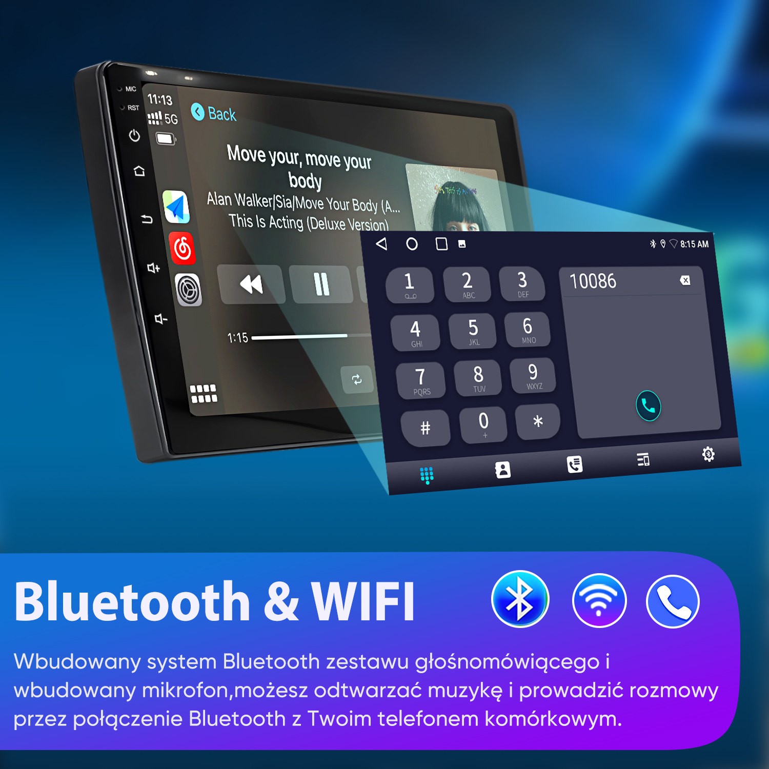Radio samochodowe z Bluetooth i Wi-Fi. Wyświetla odtwarzacz muzyki i interfejs wybierania numeru. Kolory niebieski i biały.