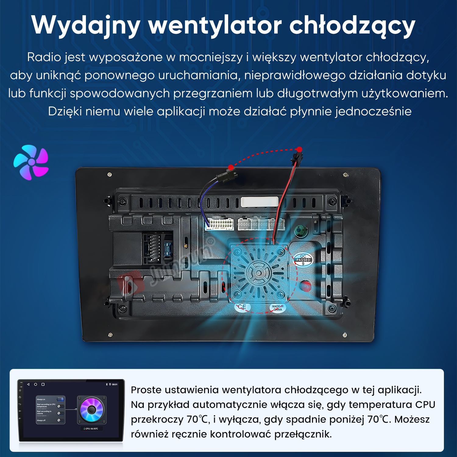 Tylny panel urządzenia z wentylatorem. Tekst po polsku opisuje funkcję i ustawienia.