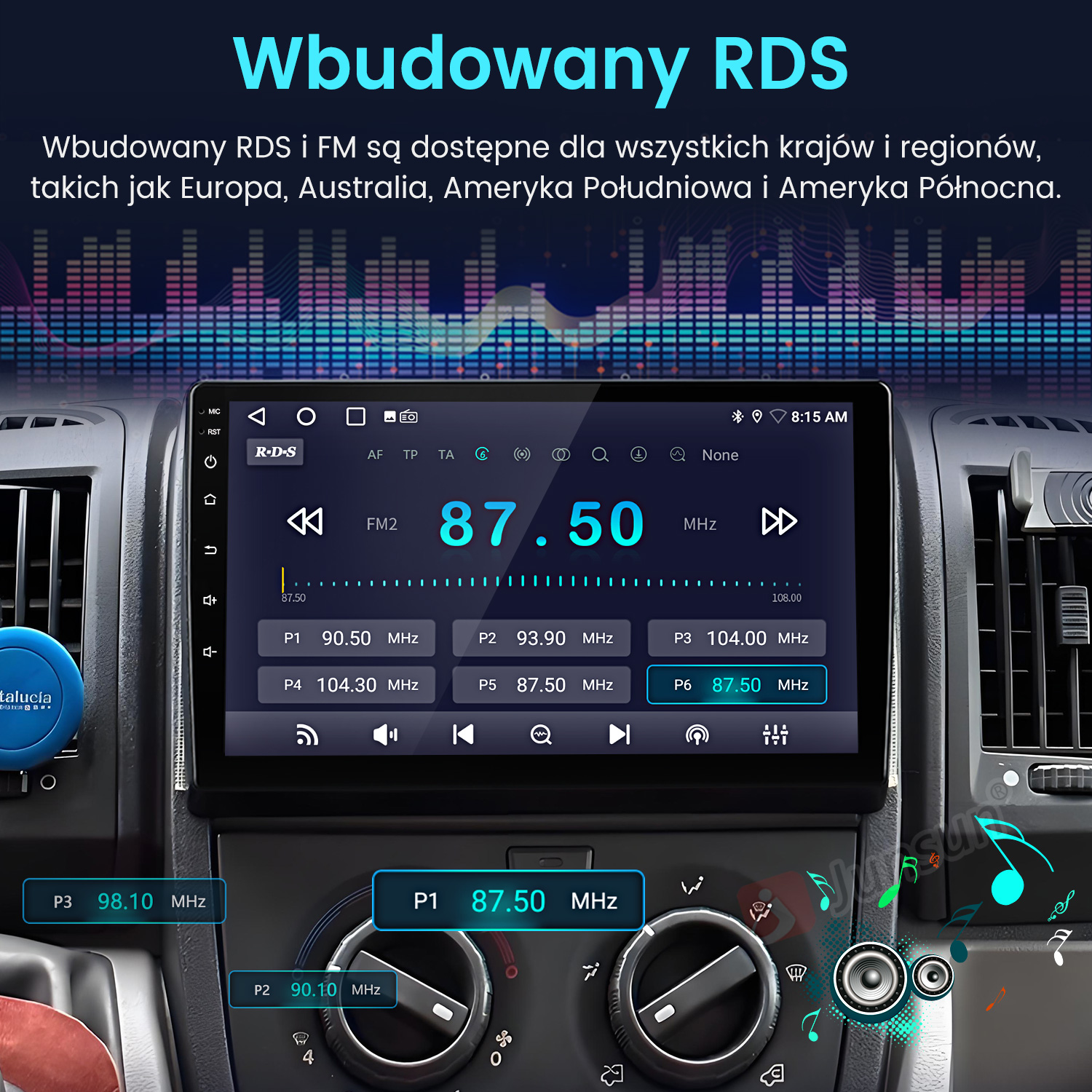Ekran radia samochodowego wyświetlający częstotliwość FM 87,50 MHz. Przyciski, pokrętła i otwory wentylacyjne widoczne na desce rozdzielczej.