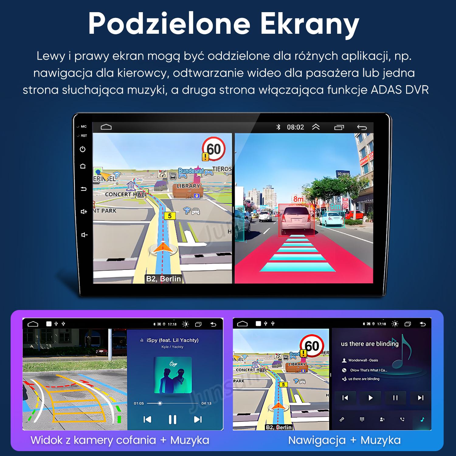 Ekran systemu informacyjno-rozrywkowego w samochodzie z nawigacją i muzyką. Podzielony ekran. Ograniczenie prędkości 60. Jedna strona pokazuje drogę, druga muzykę.
