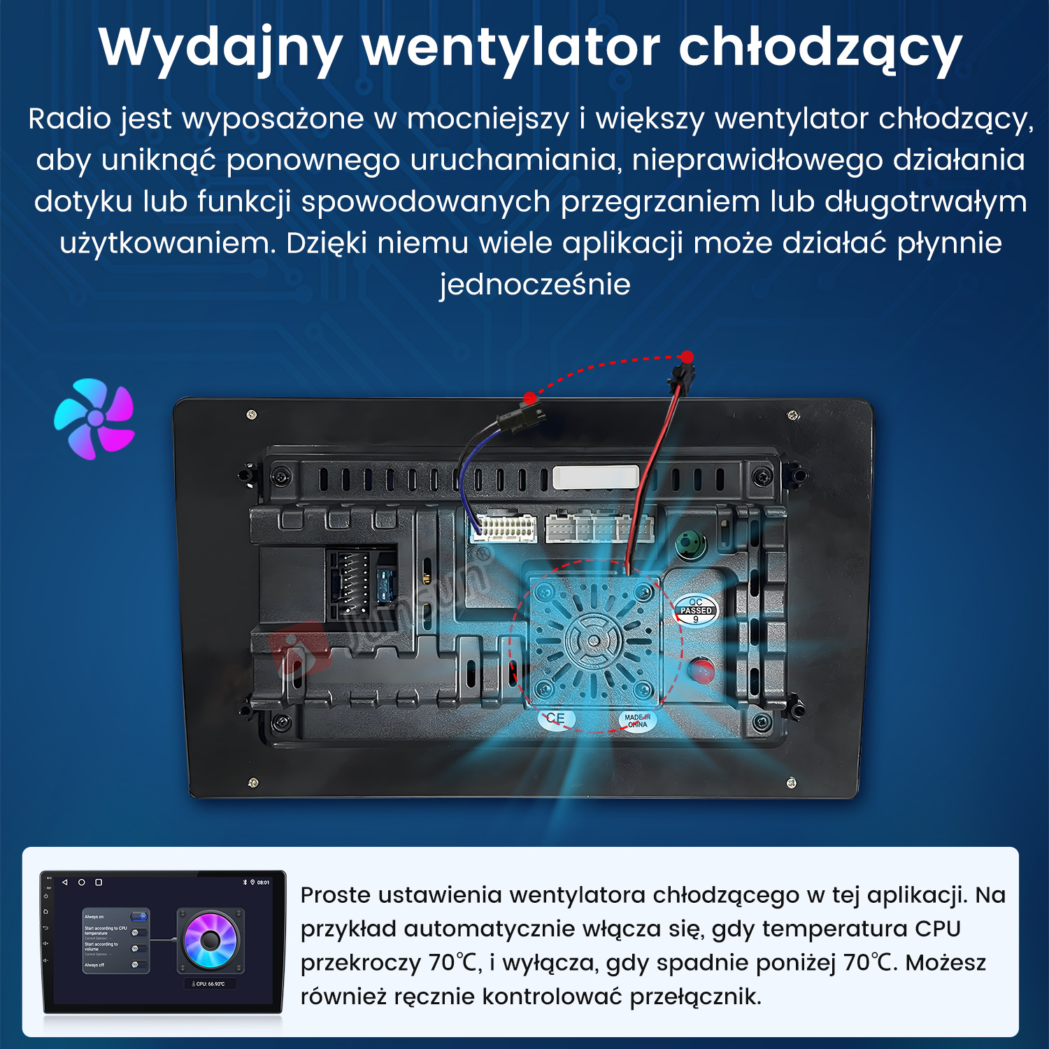 Obraz przedstawia komponent radia samochodowego z wentylatorem chłodzącym. Tekst opisuje system chłodzenia i kontrolę temperatury.