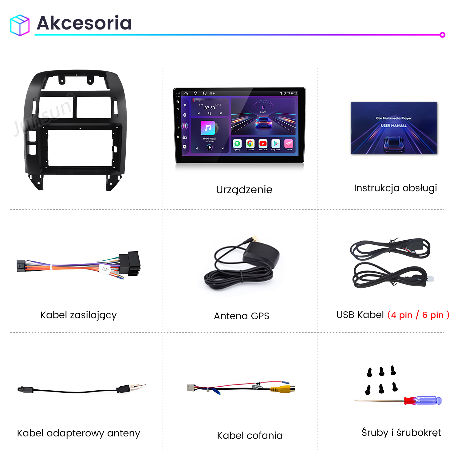 Obraz przedstawia akcesoria samochodowe: ramę, odtwarzacz multimedialny, instrukcję obsługi, kable, antenę, śruby i śrubokręt.