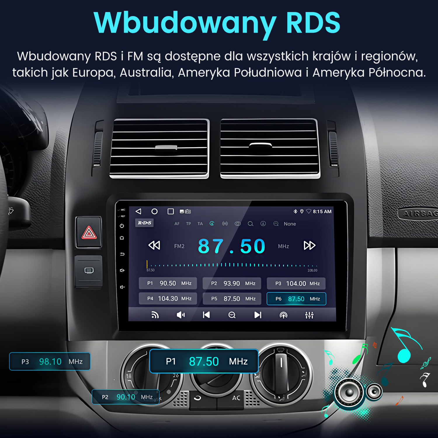 Ekran radia samochodowego wyświetlający częstotliwość FM 87,50 MHz. Przyciski i elementy sterujące są widoczne.