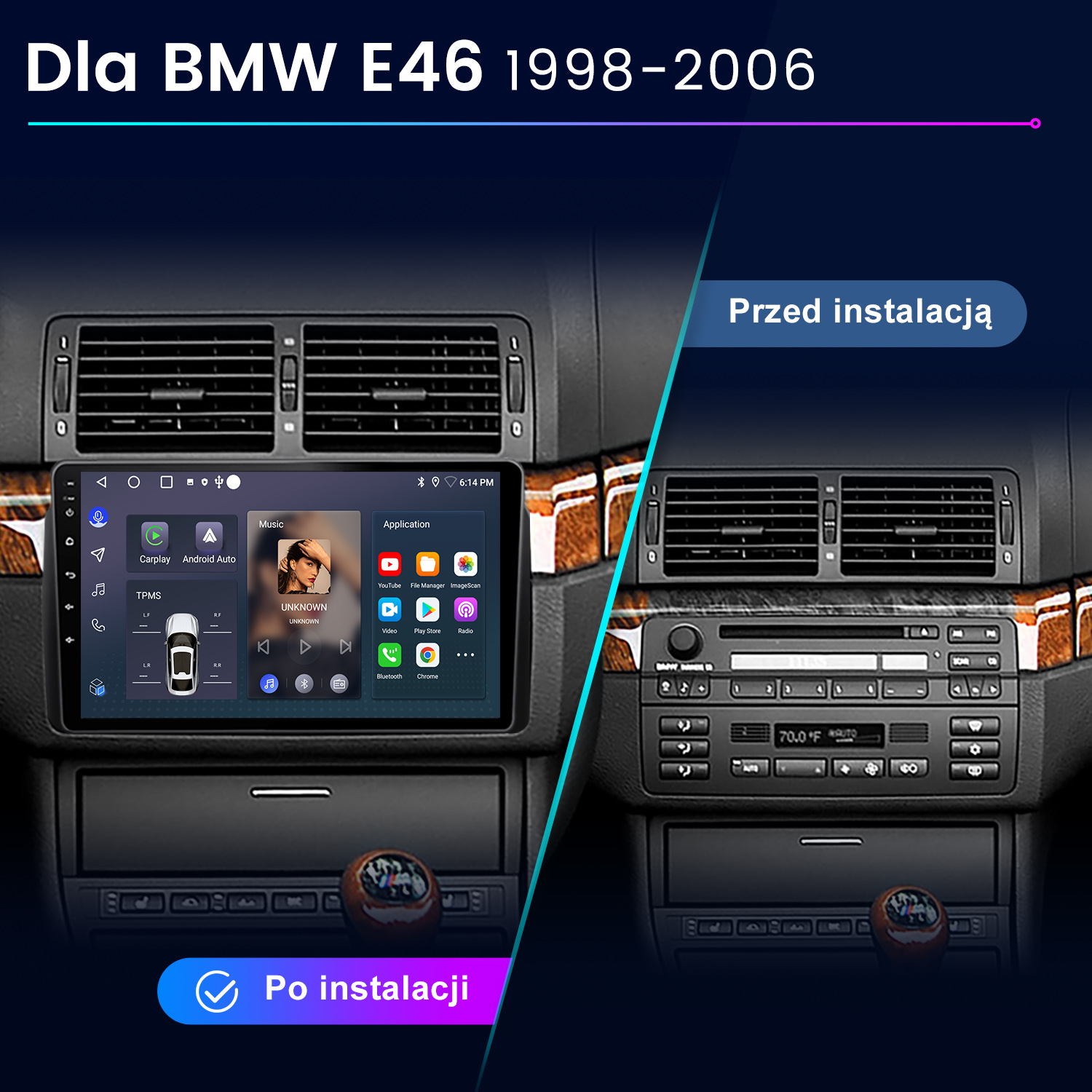 Porównanie deski rozdzielczej: stare radio vs. nowy ekran. Wyświetla elementy sterowania samochodu i aplikacje radiowe. Tekst mówi 'Po instalacji' i 'Przed instalacją'.