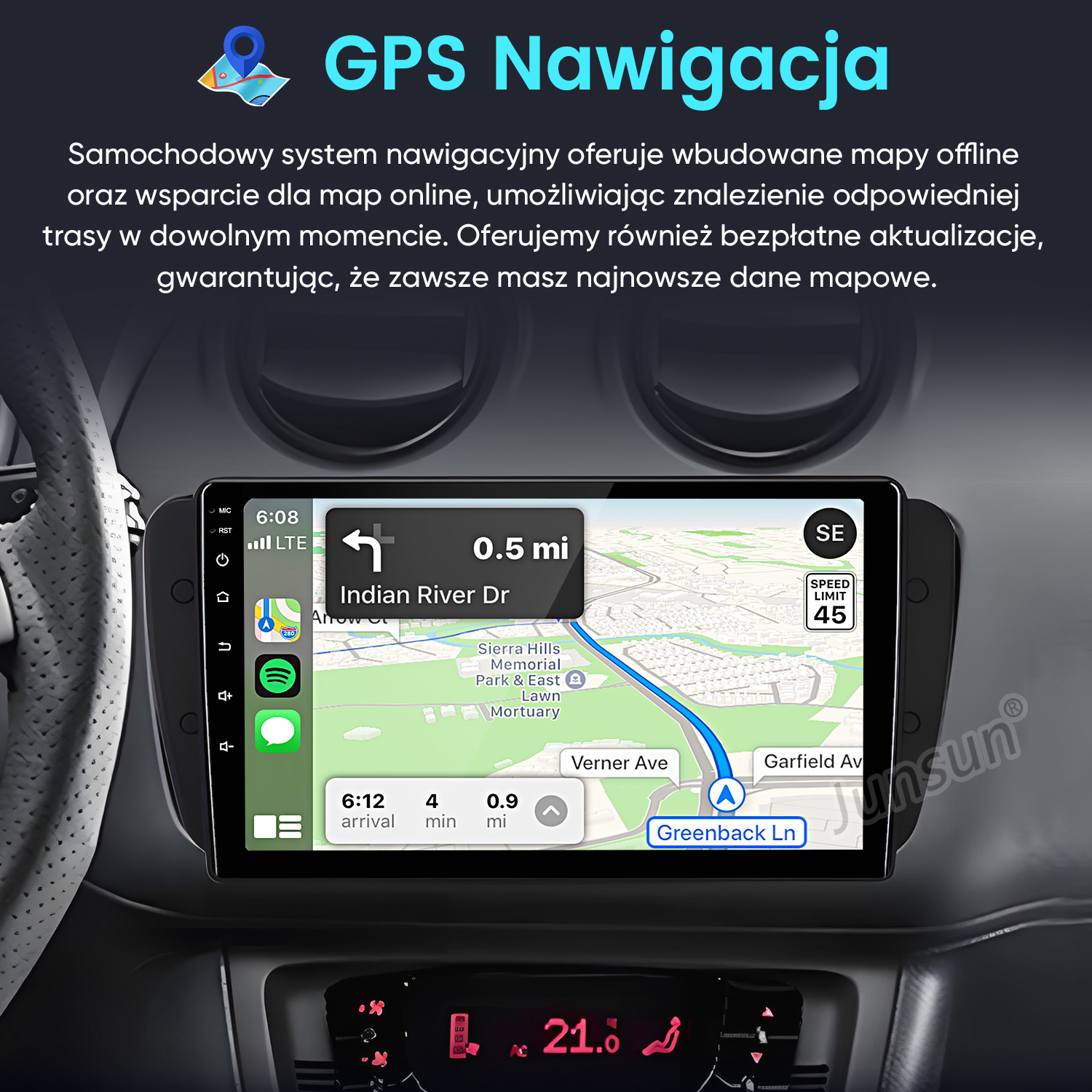 Ekran nawigacji samochodowej wyświetla mapę. Pokazuje trasę z nazwami ulic i ograniczeniem prędkości. Widoczna jest deska rozdzielcza samochodu.