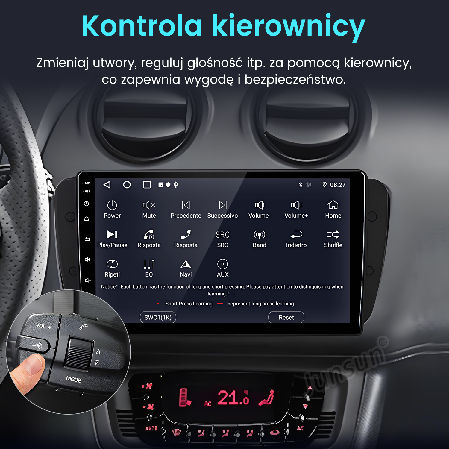 Deska rozdzielcza samochodu z ekranem, ręką dotykającą panelu sterowania i wyświetlaczem temperatury.