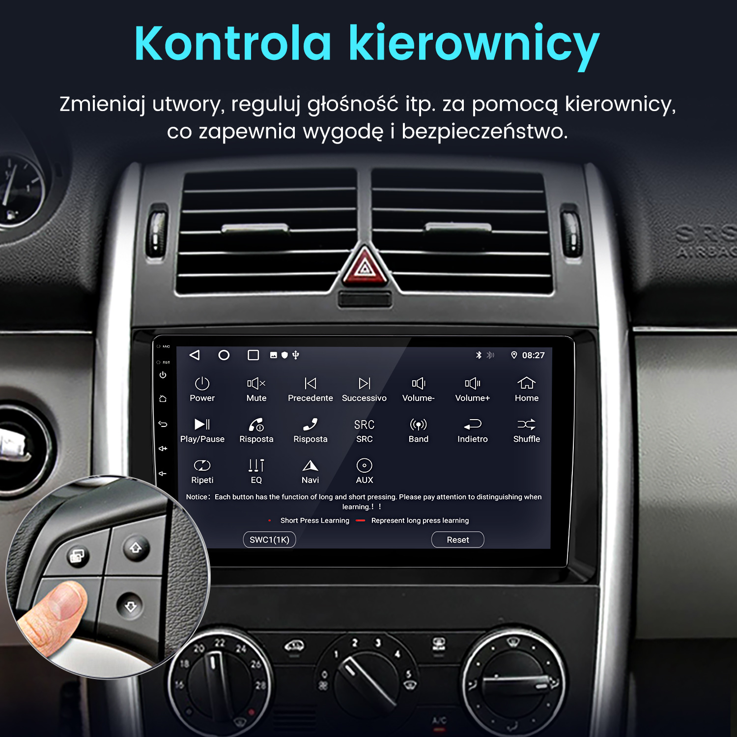 Deska rozdzielcza samochodu z ekranem wyświetlającym opcje. Ręka naciska przycisk na sterowaniu kierownicy. Tekst: 'Kontrola kierownicy'.