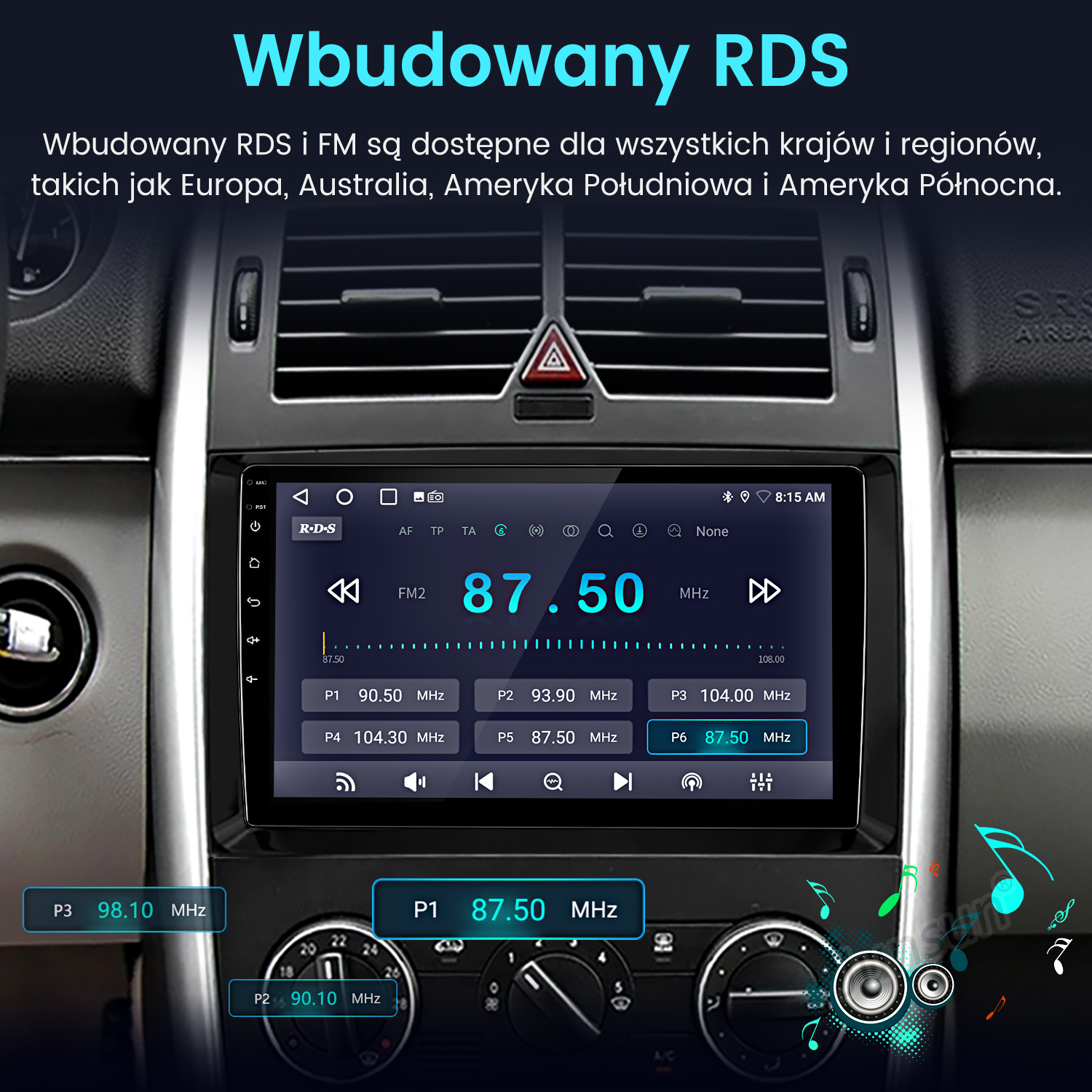 Ekran radia samochodowego wyświetlający częstotliwość FM 87,50 MHz. Widoczne przyciski i elementy sterujące. Tło: deska rozdzielcza.